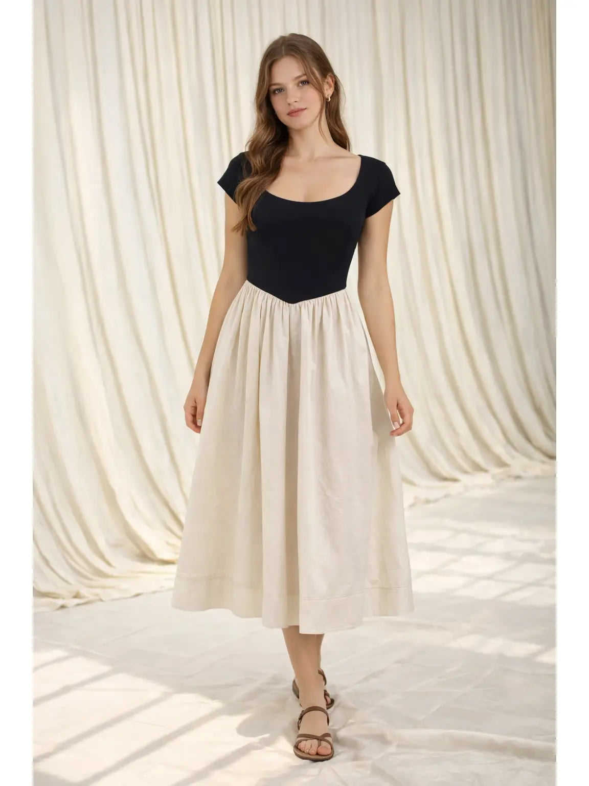 Moon River Basque Waist Short Sleeve Mixed Media Dress MR9721