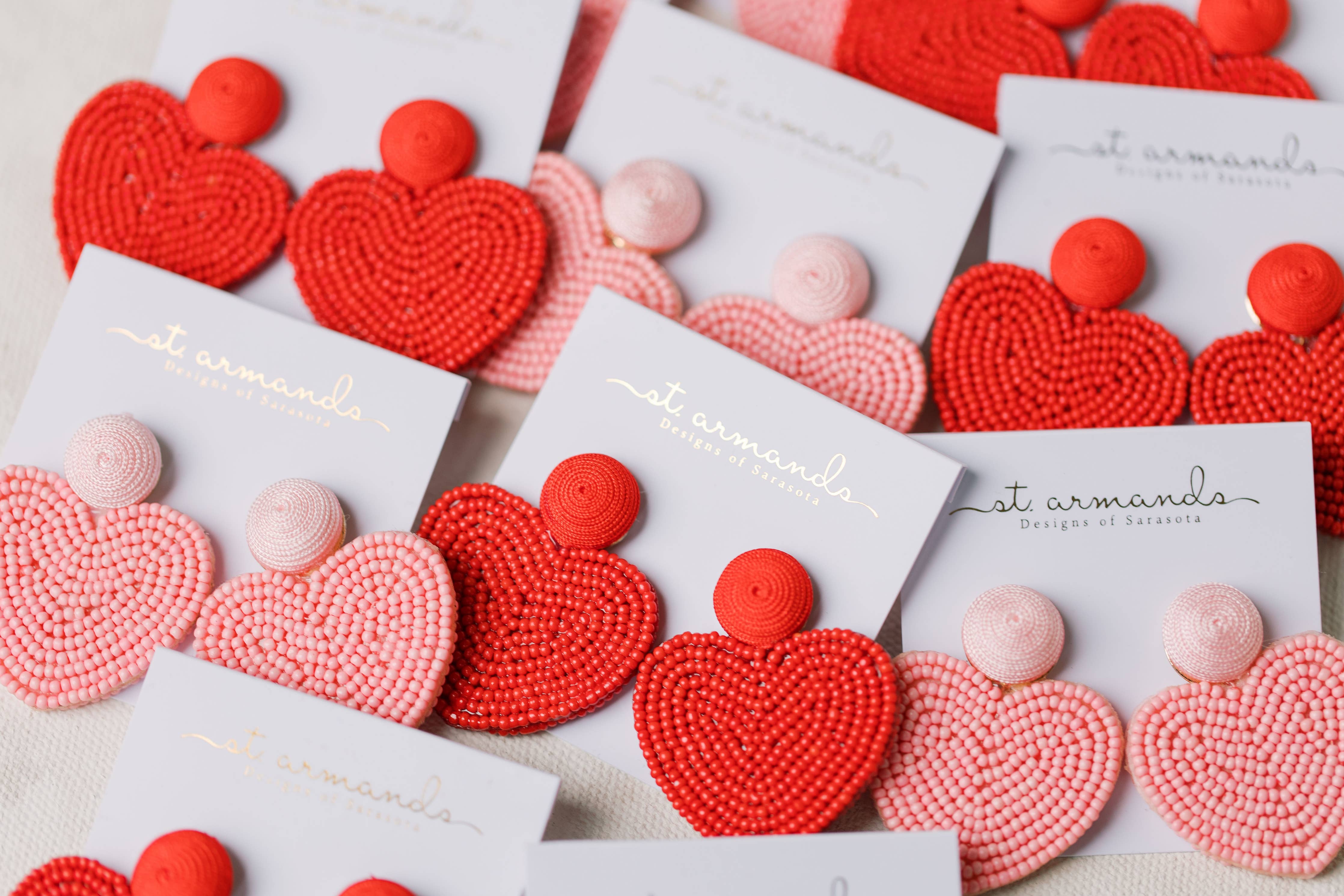 Red Valentines Day Holiday Beaded Heart Statement Earrings
