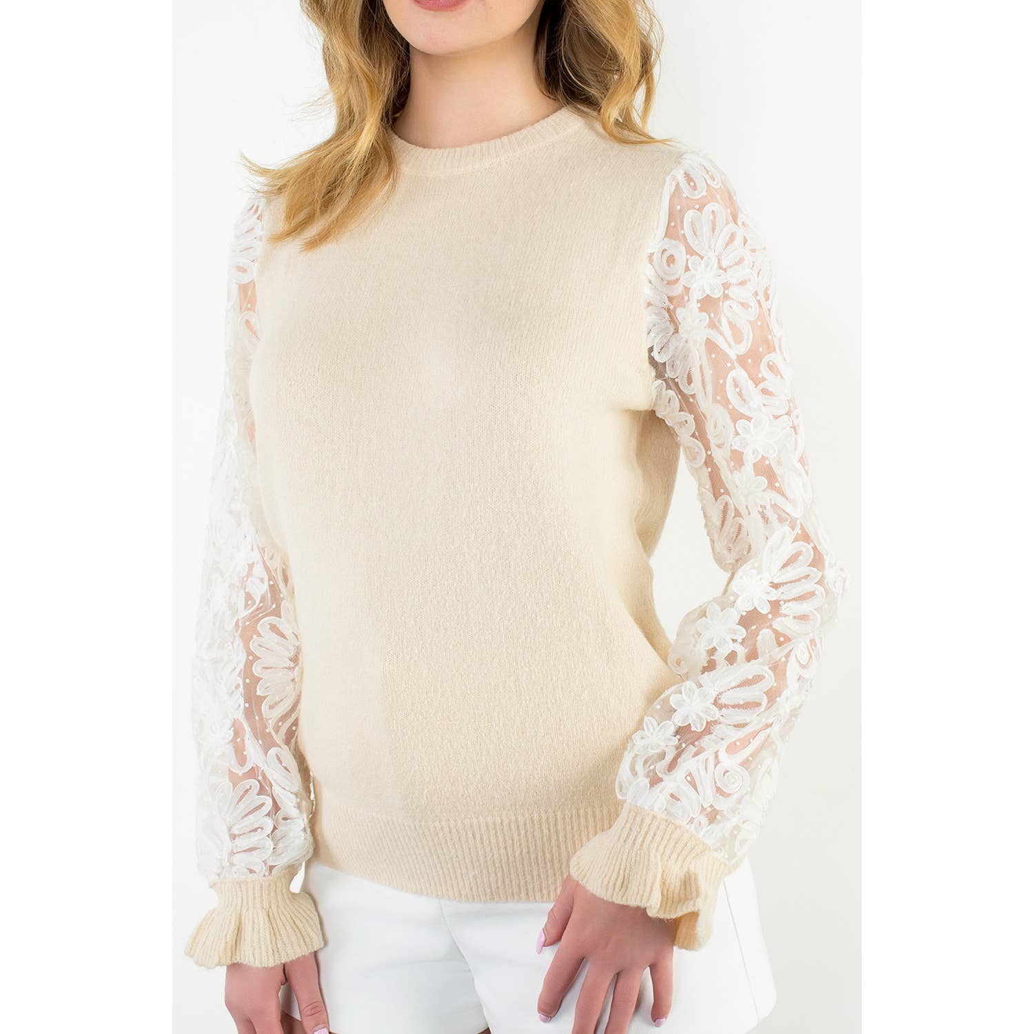 THML Floral Mesh Sleeve Knit Top