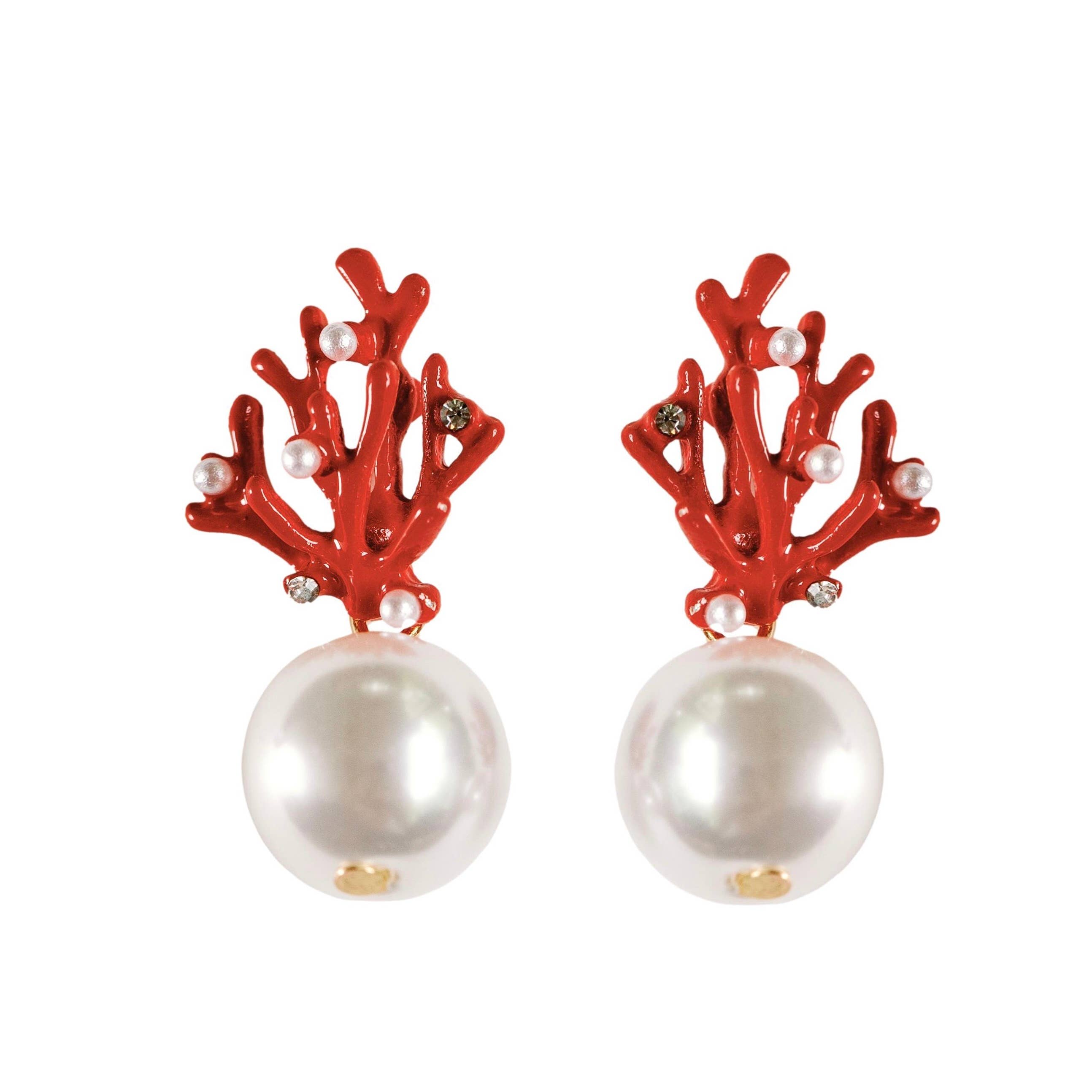 St. Armands Pearl and Red Coral Mini Statement Earrings