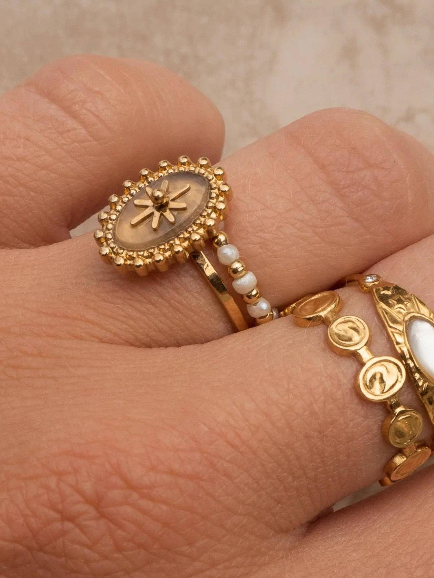 Flanerie Gypsy Rose 14K Gold Adjustable Round Stone Ring