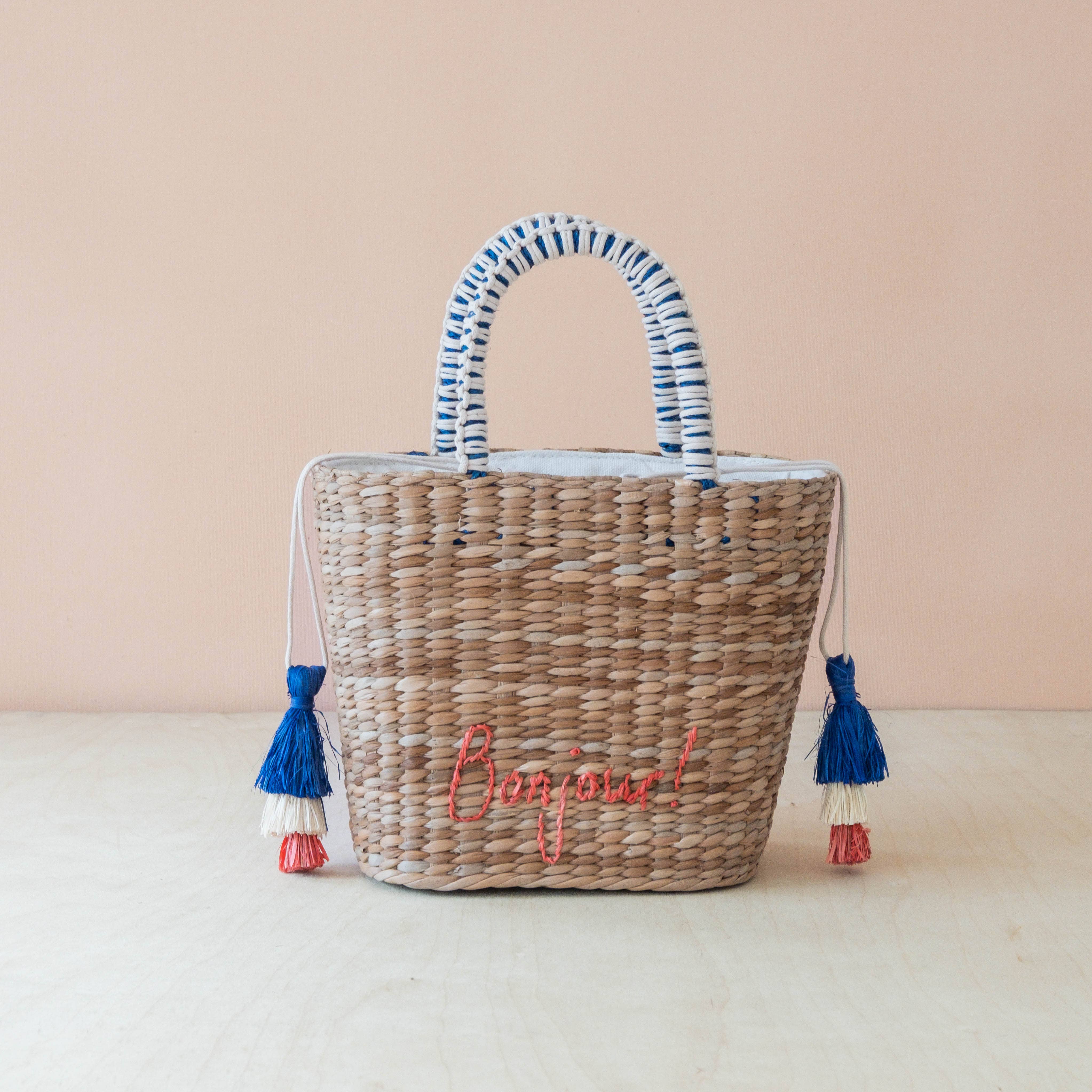 Mini Woven Tote Bag with Embroidered Bonjour – Handwoven Beach Tote | LIKHÂ