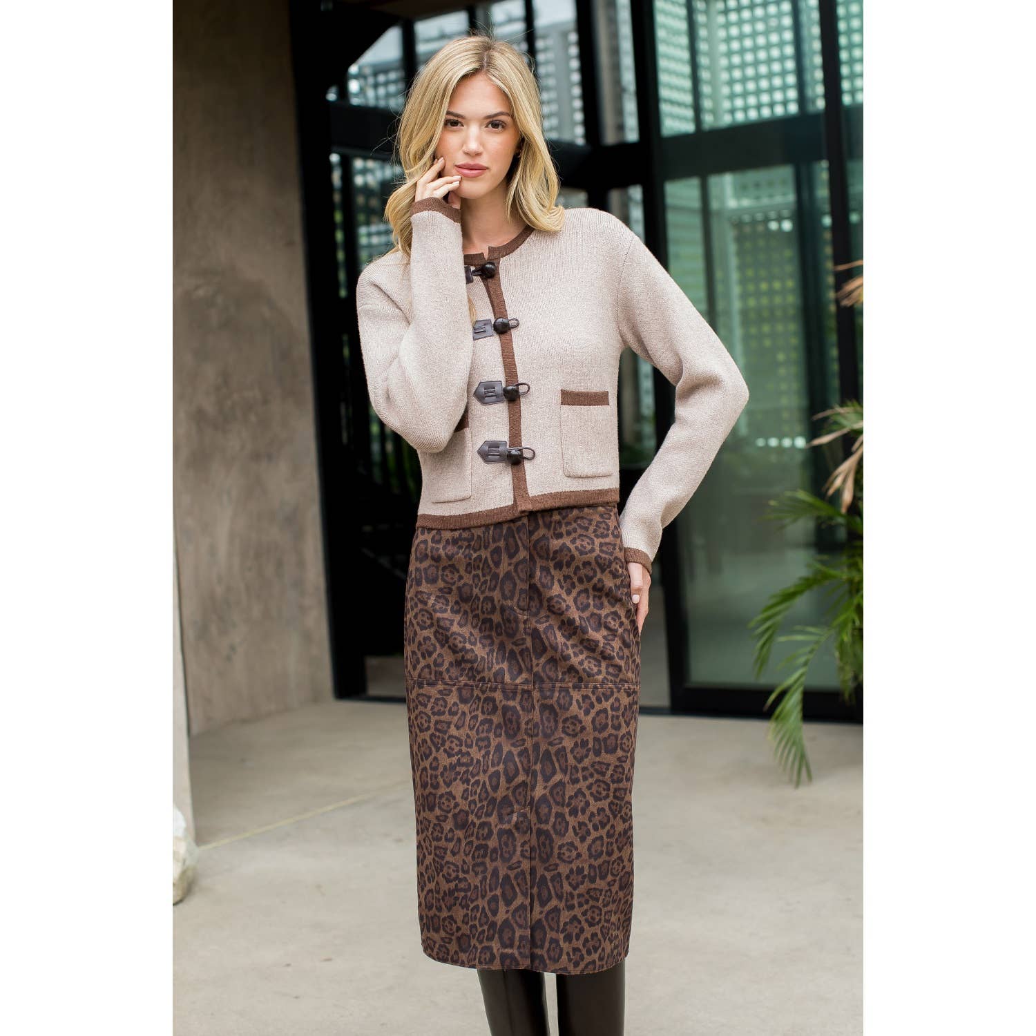 THML Leopard Print Suede Midi Skirt THS1805