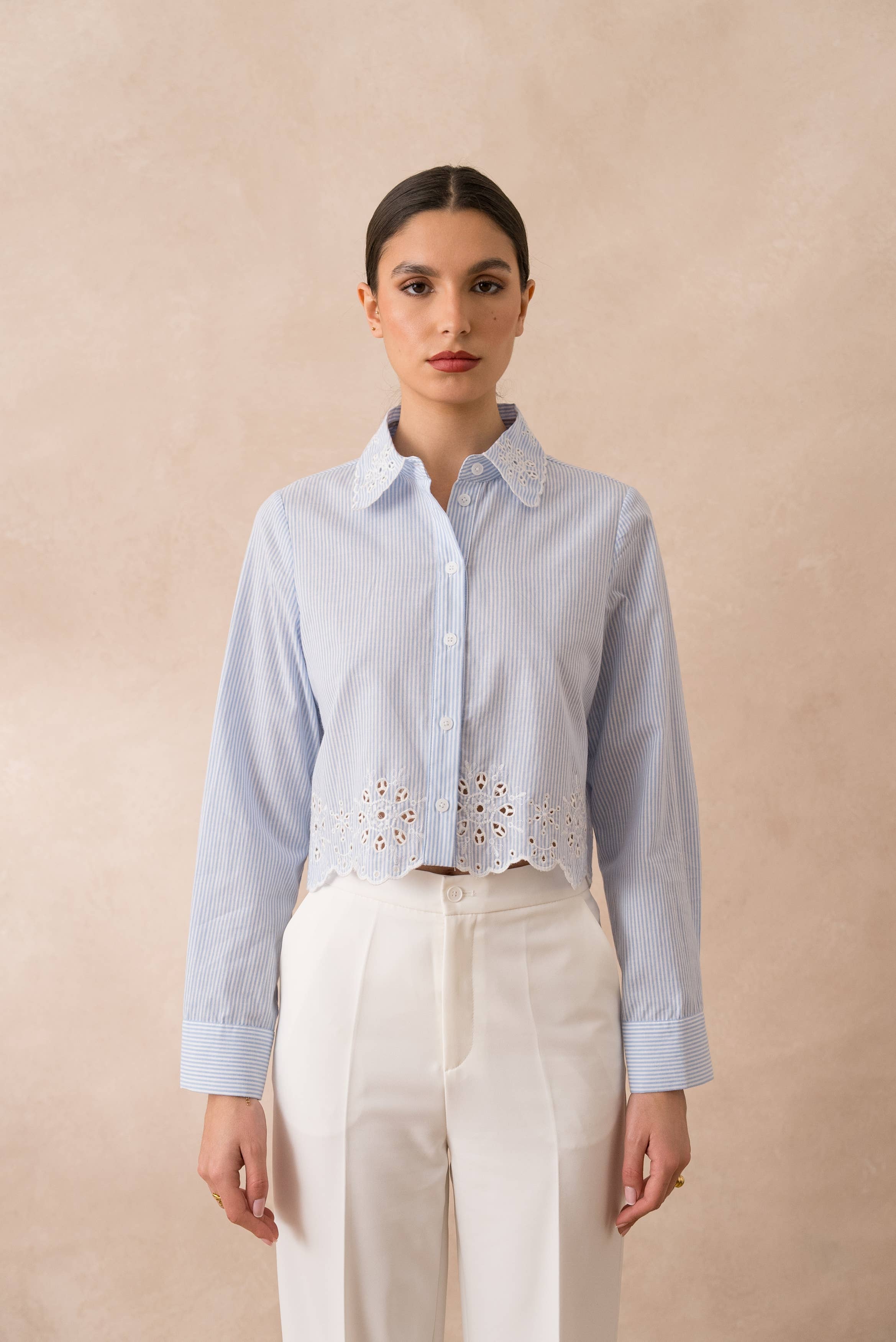 European Collection - Striped & Eyelet Cropped Shirt