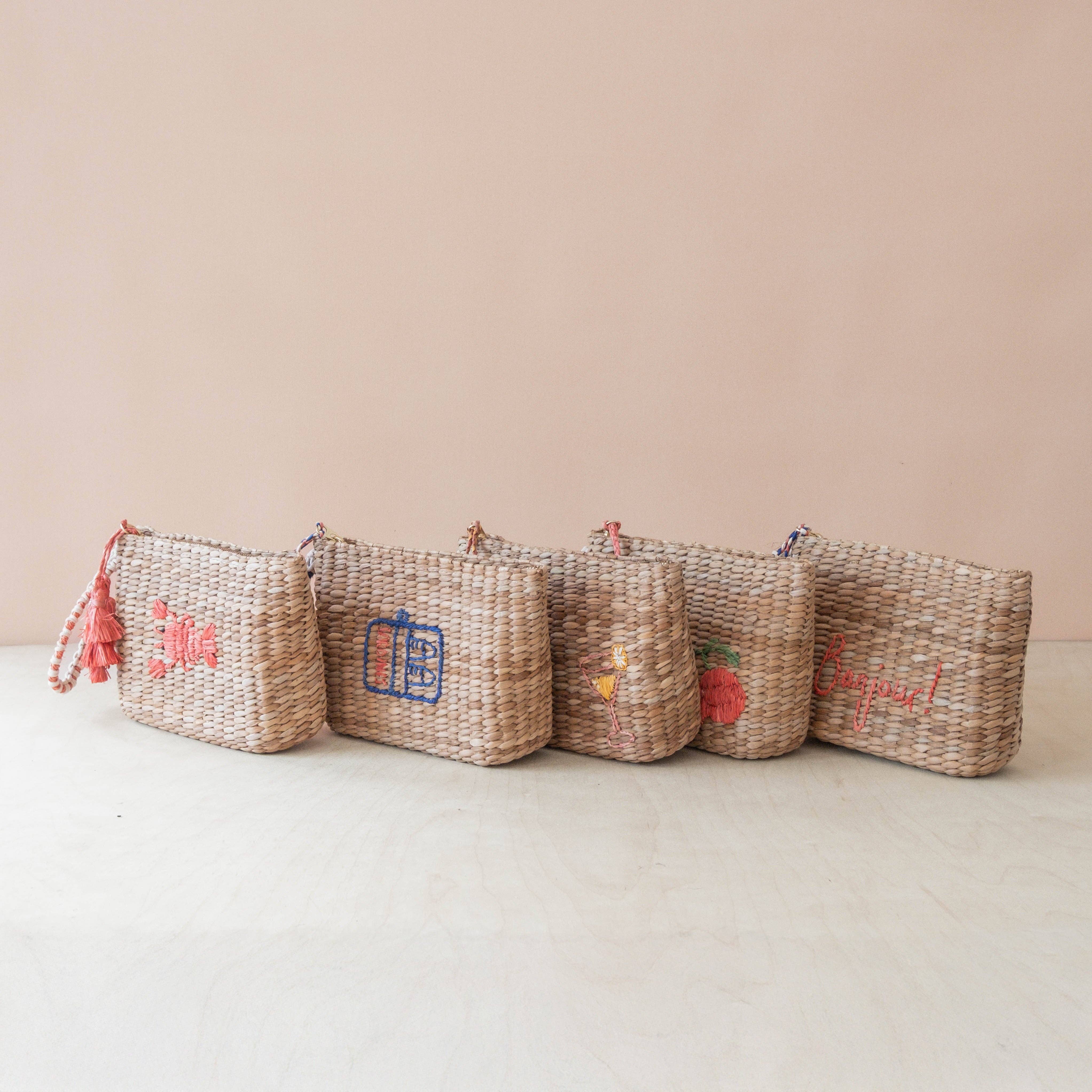 Mini Woven Pouch with Wristlet and Embroidered Bonjour – Handwoven Wristlet | LIKHÂ