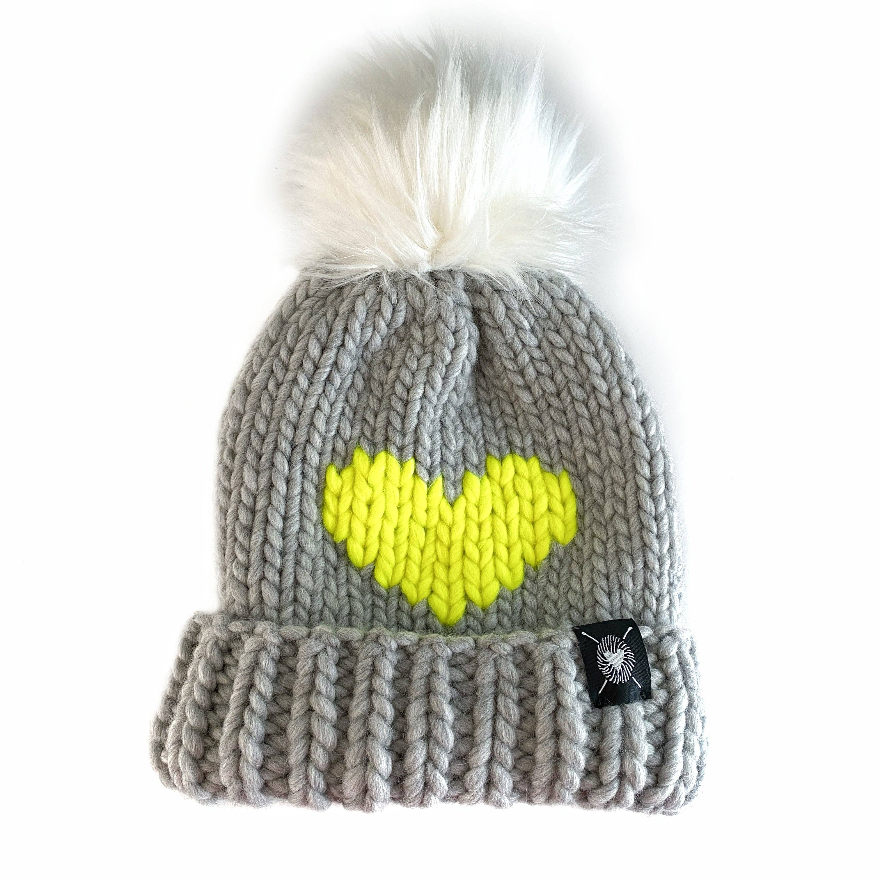 Nickichicki Luxury Big Heart Pom-Pom Beanie in Silver + Neon Yellow