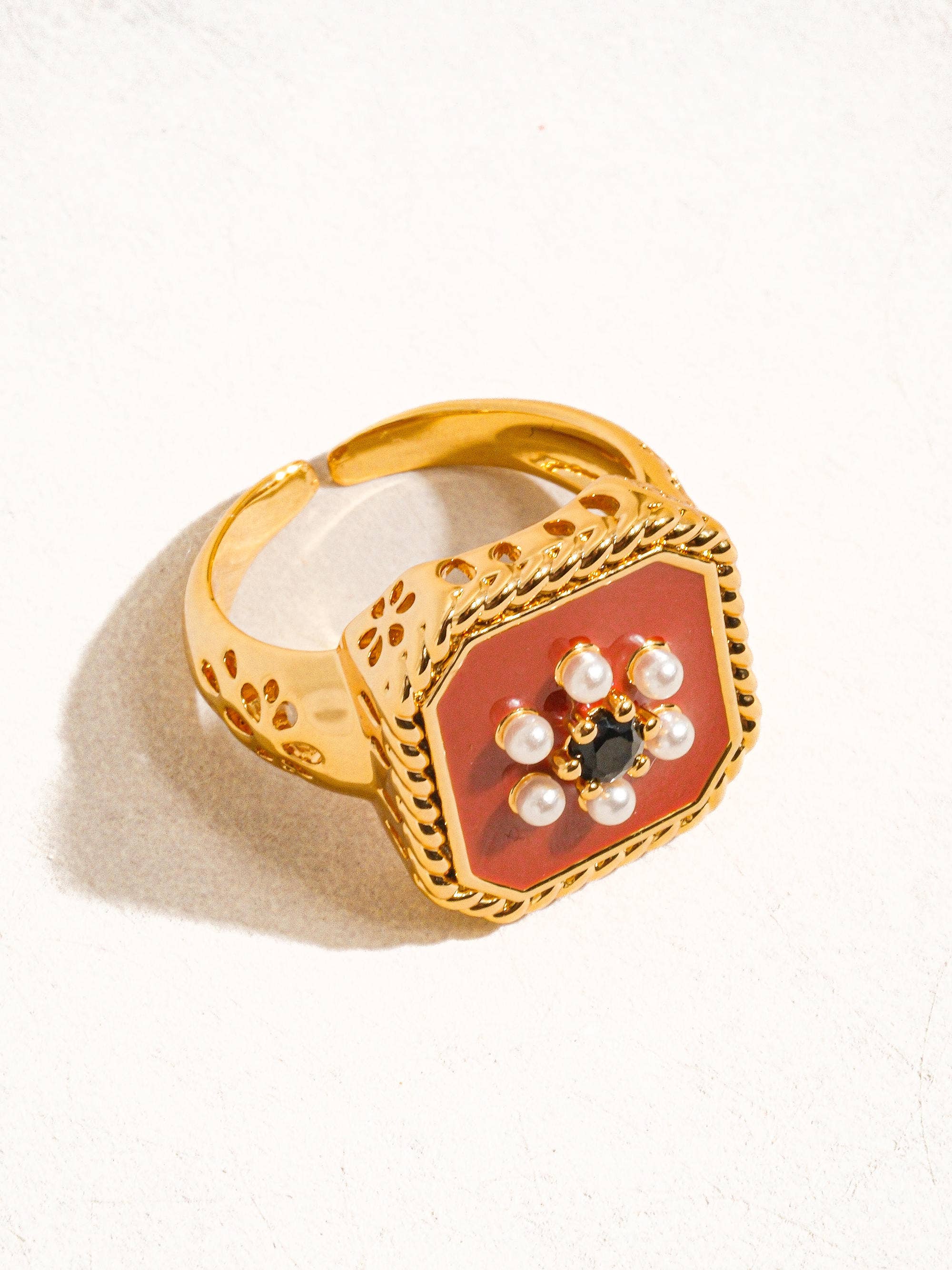 Flanerie Rouge 18K Gold Red Enamel Vintage Adjustable Ring