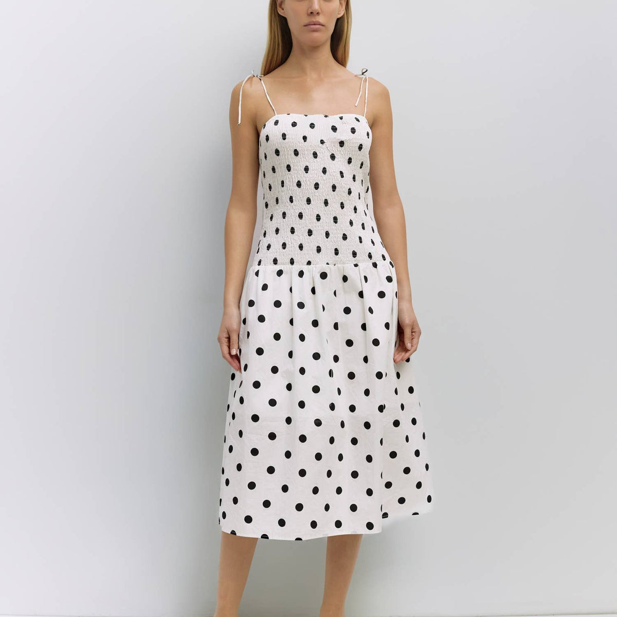 natalie floral smocked midi dress All Row The Natalie Dress | Smocked Polka Dot Midi Dress