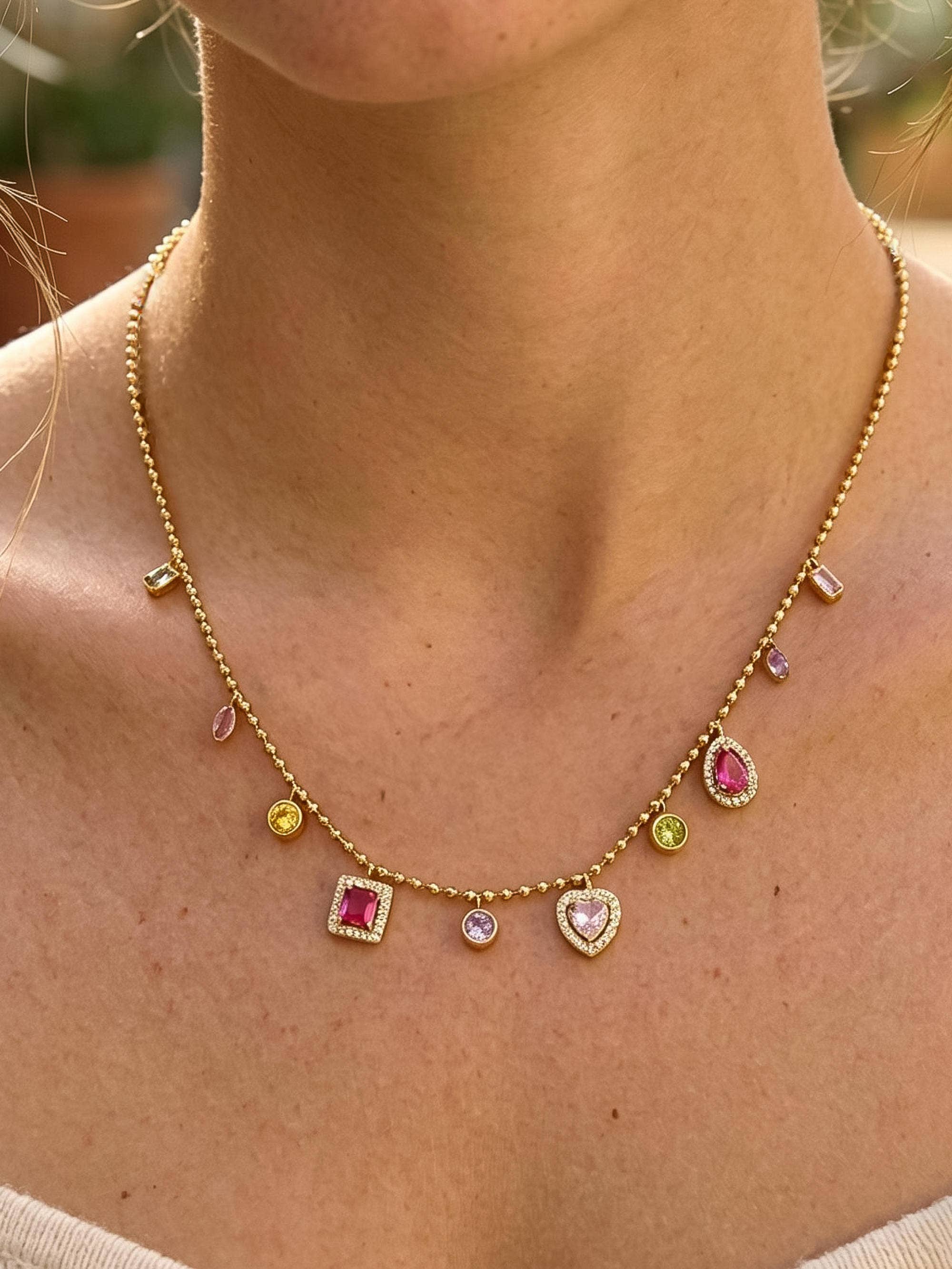 Flânerie Daiselle 18K Gold Non-Tarnish Colorful CZ Charm Necklace