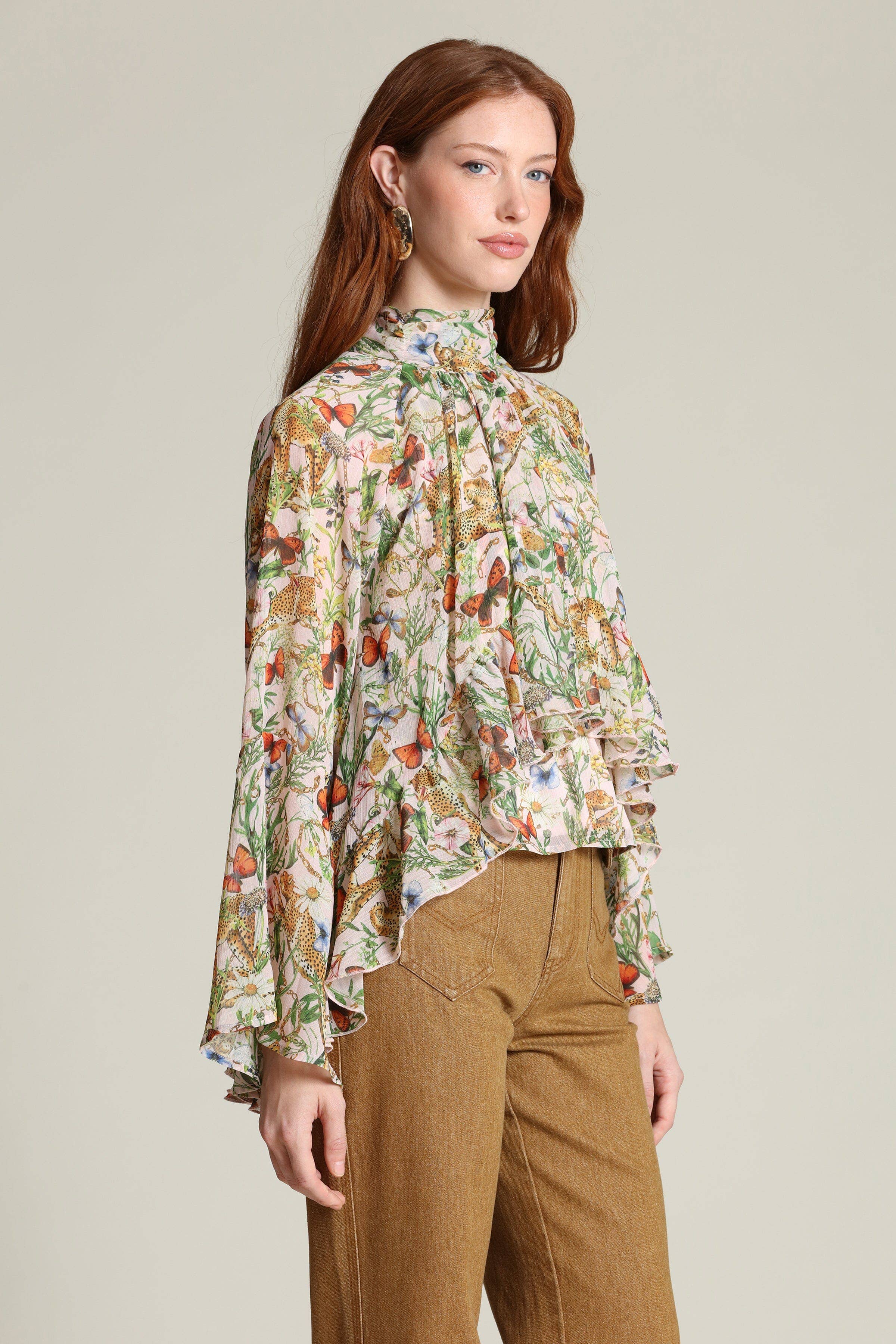 Avec Les Filles Botanical Print Chiffon Ruffle Blouse