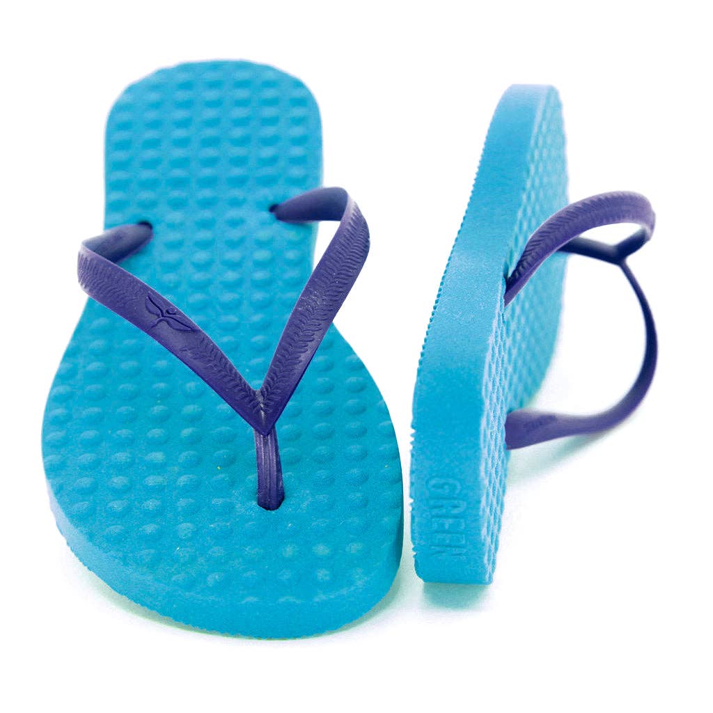 Green Sustainable Flip Flops Turquoise with Purple Straps