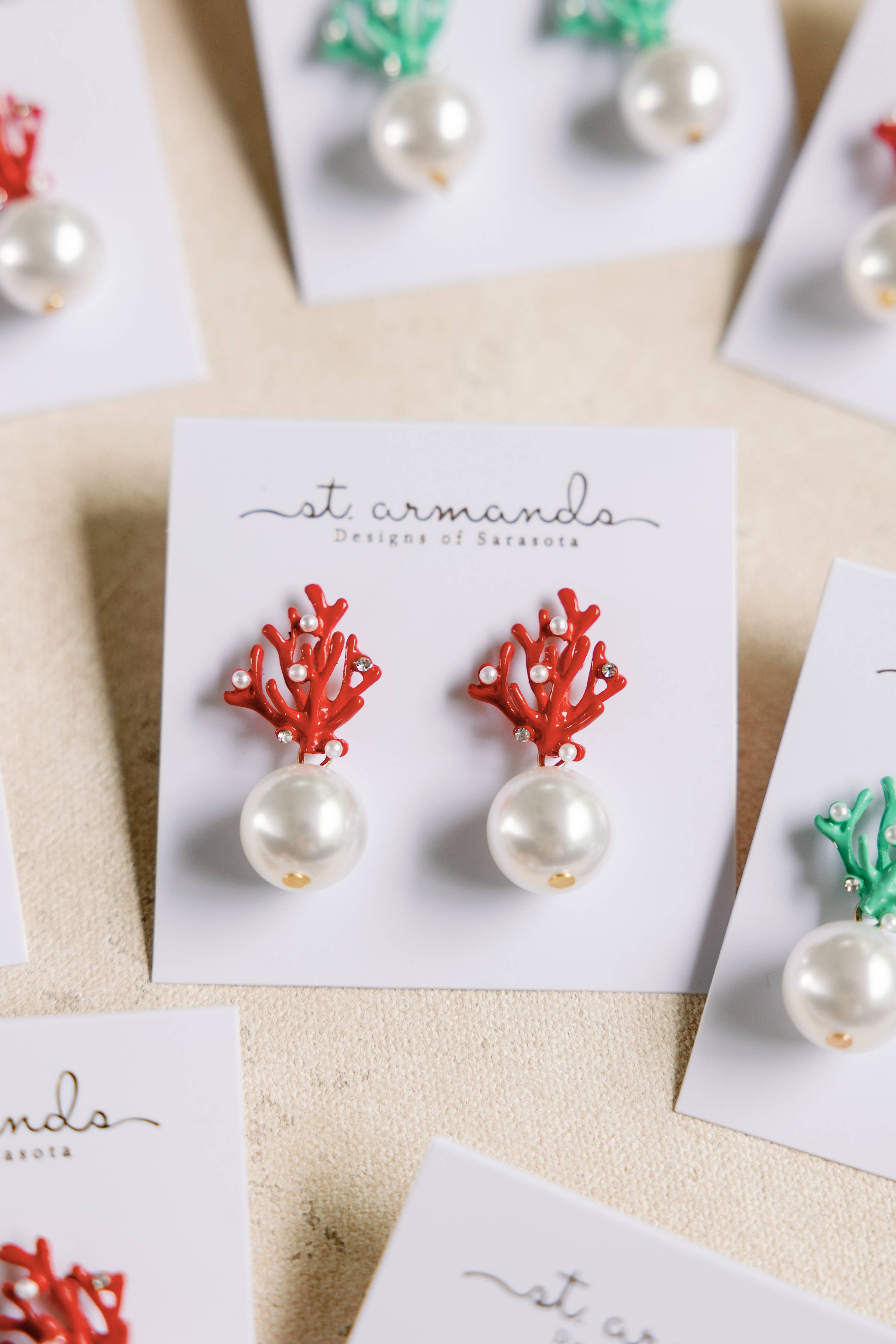 St. Armands Pearl and Red Coral Mini Statement Earrings