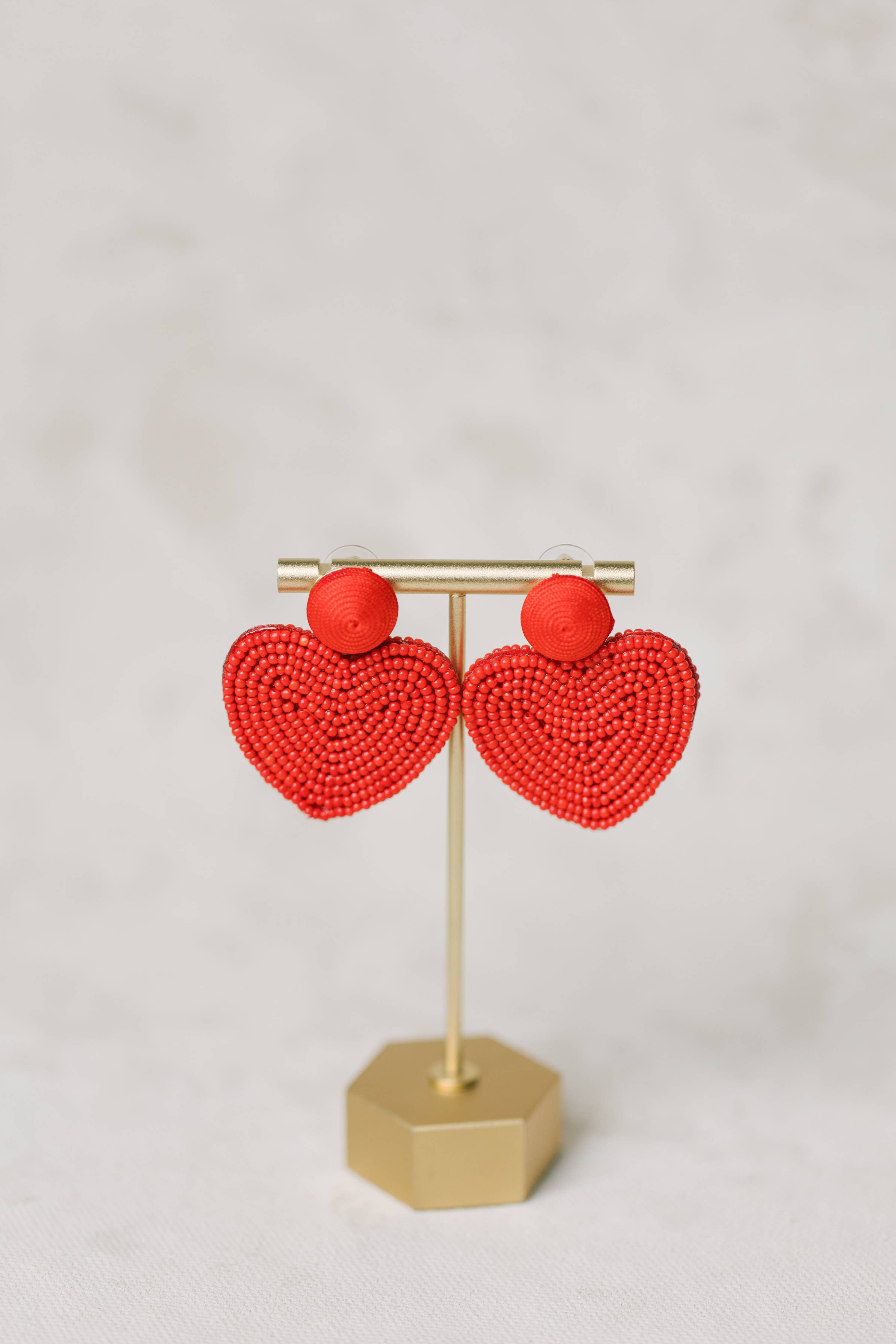 Red Valentines Day Holiday Beaded Heart Statement Earrings