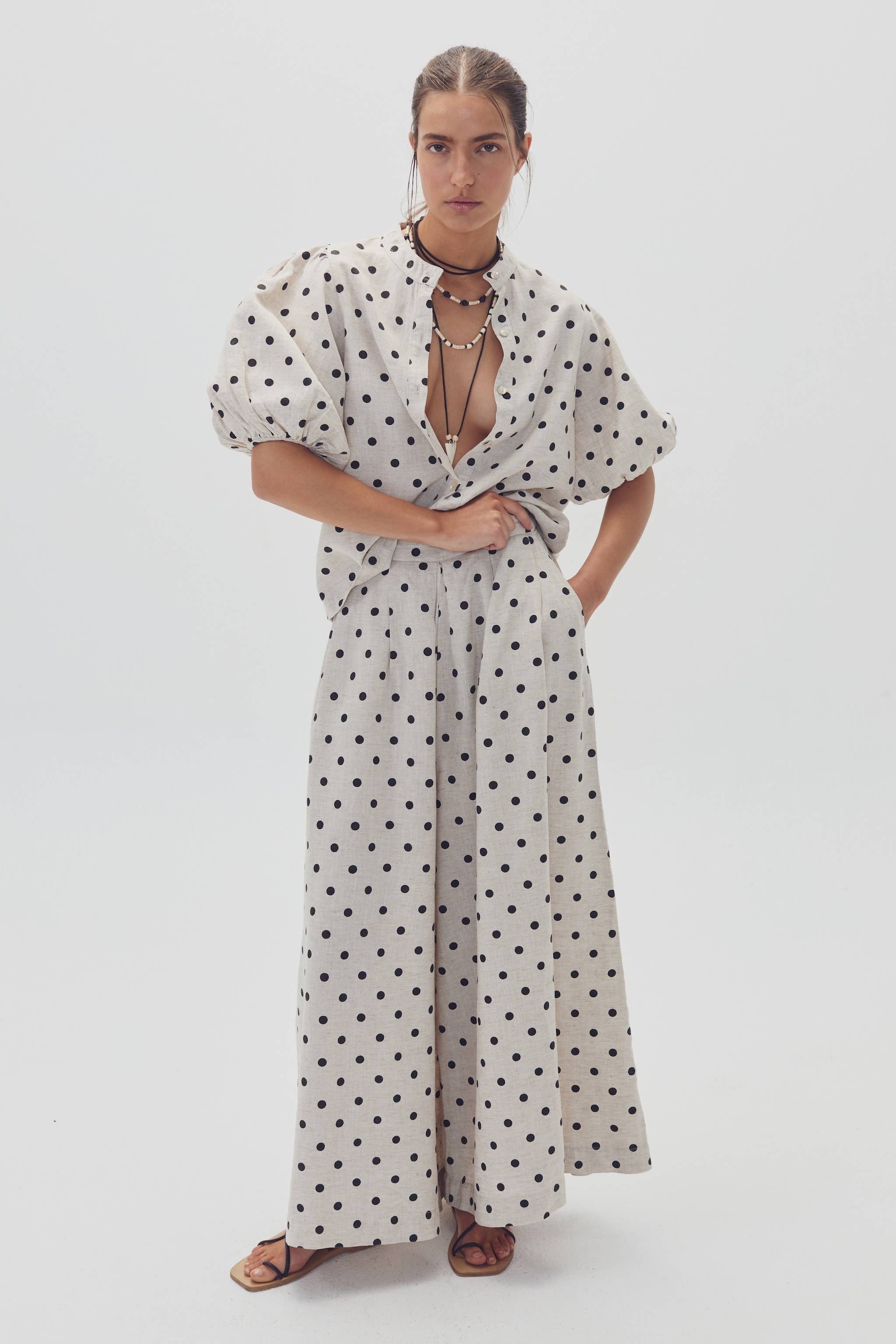 Lanhtropy Sabi Linen Pants - Natural and Black Polka Dots