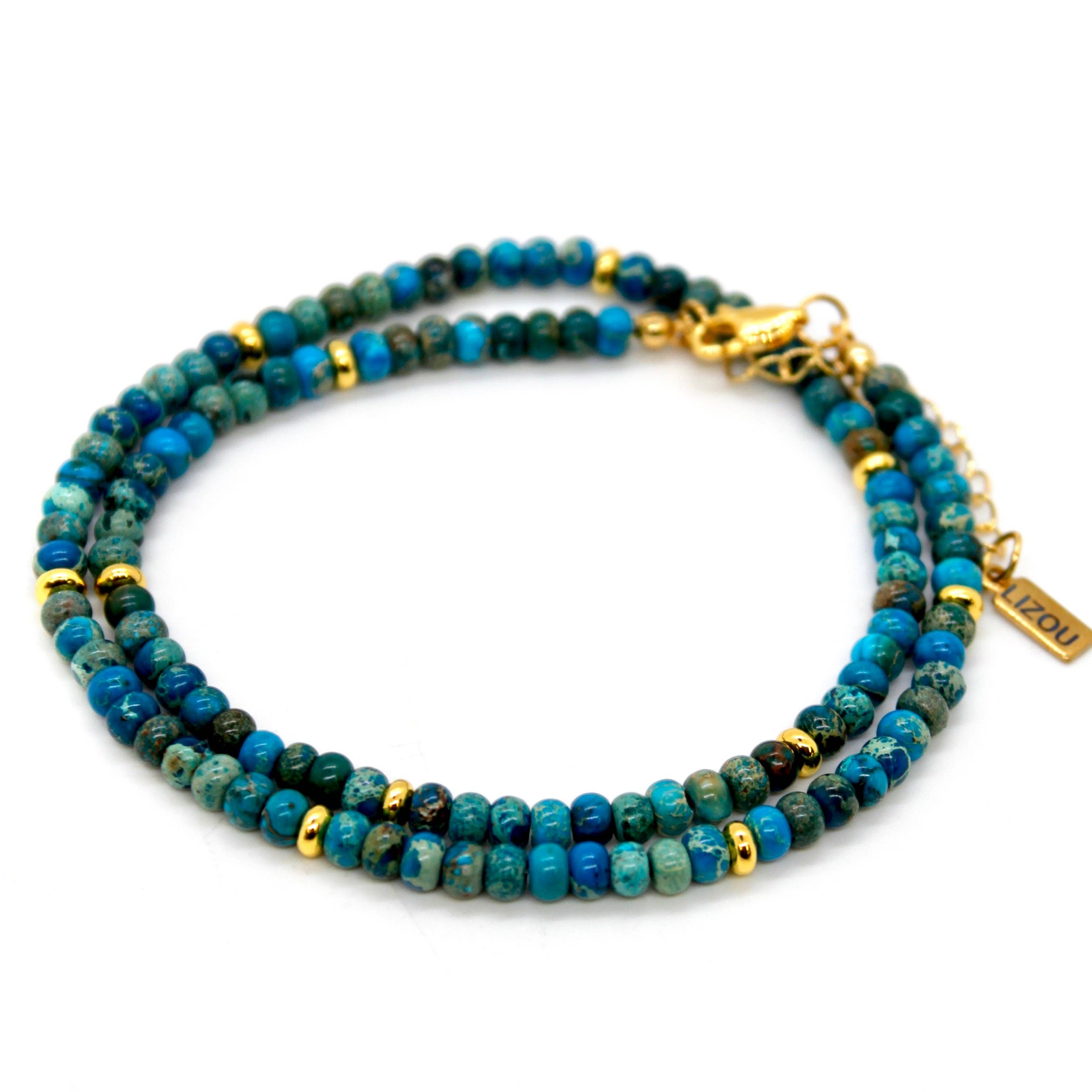 Lizou 16" Lake Blue Jasper + Gold Necklace #30