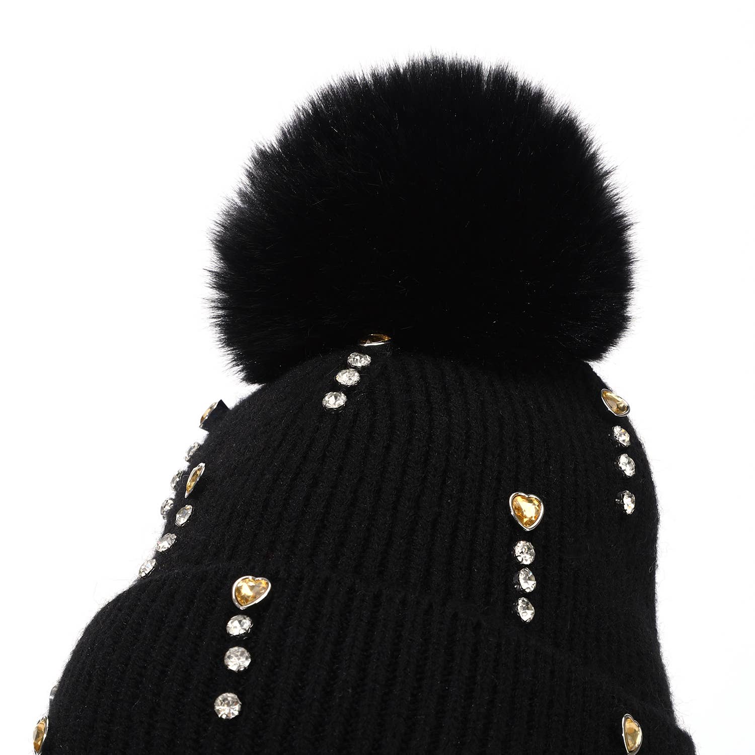 Thames Collection Crystal and Hearts Wool Hat with Faux Pom