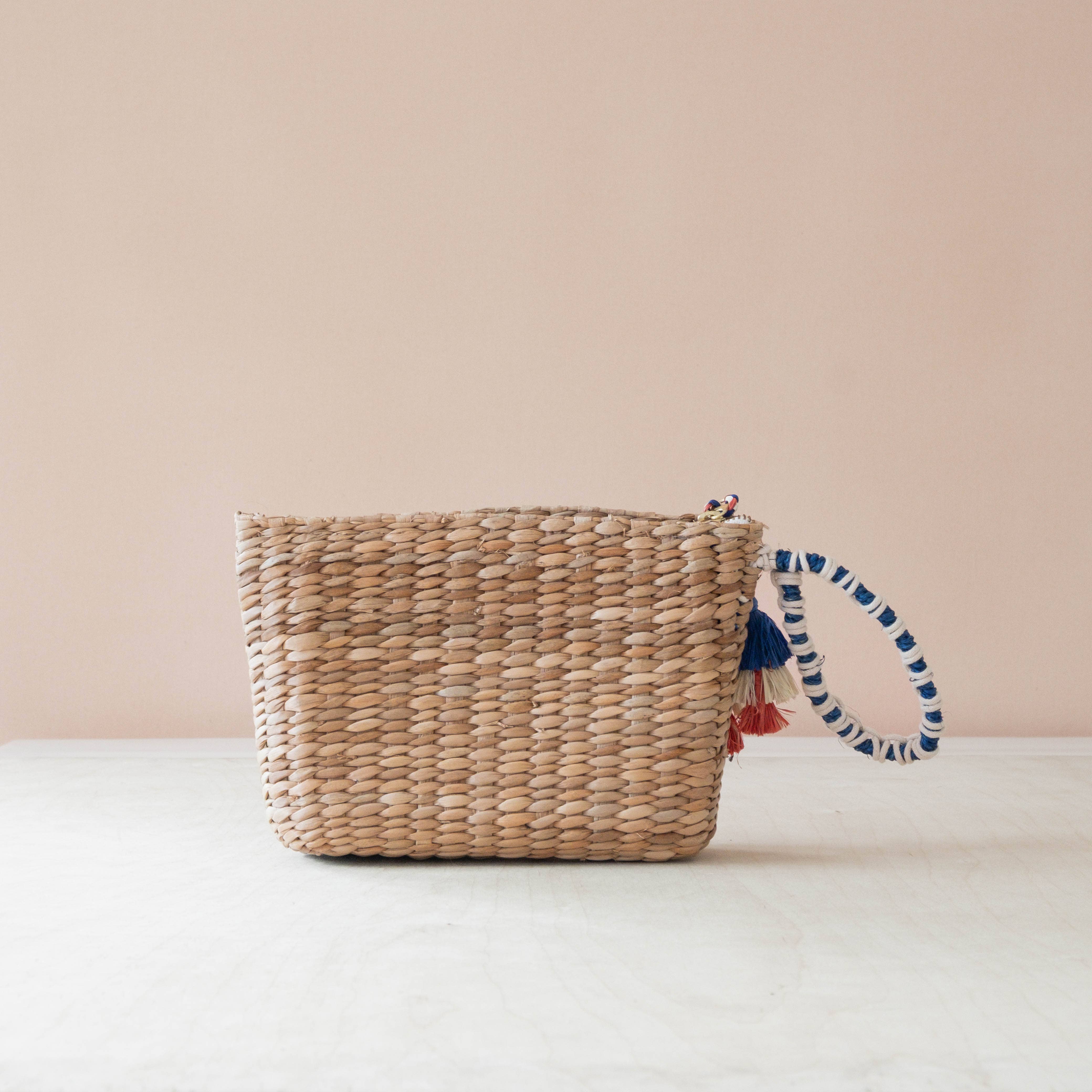 Mini Woven Pouch with Wristlet and Embroidered Bonjour – Handwoven Wristlet | LIKHÂ