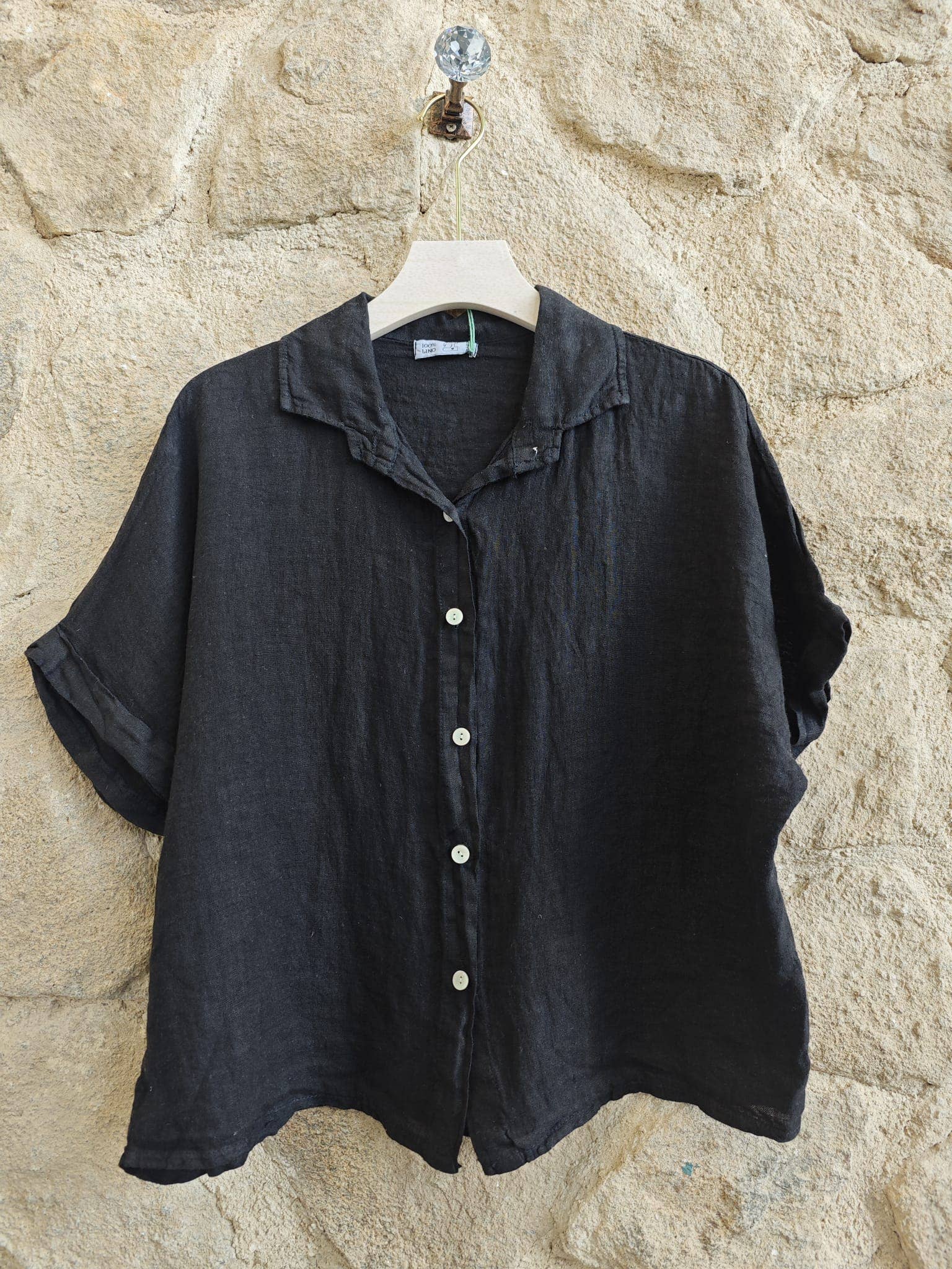 European Linen Button Up Collared Short Sleeve Top 83531