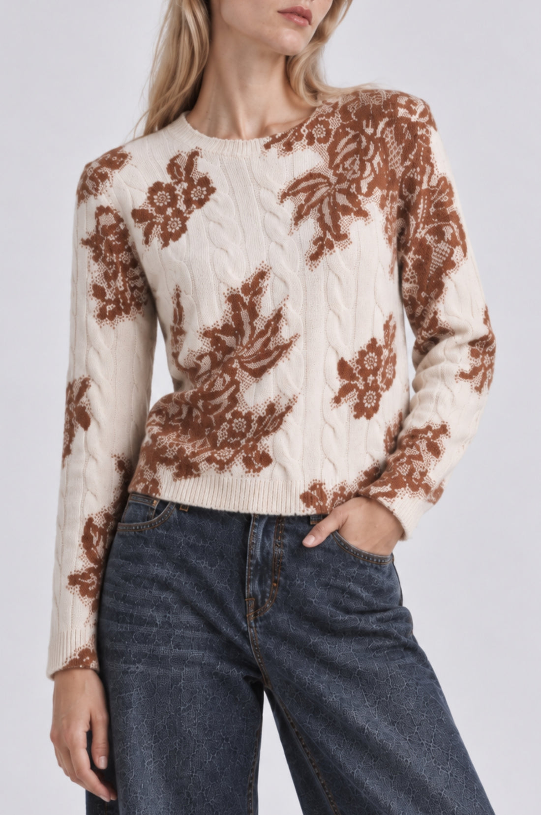 Minnie Rose Cashmere Printed Lace Cable Crew Neck 94105