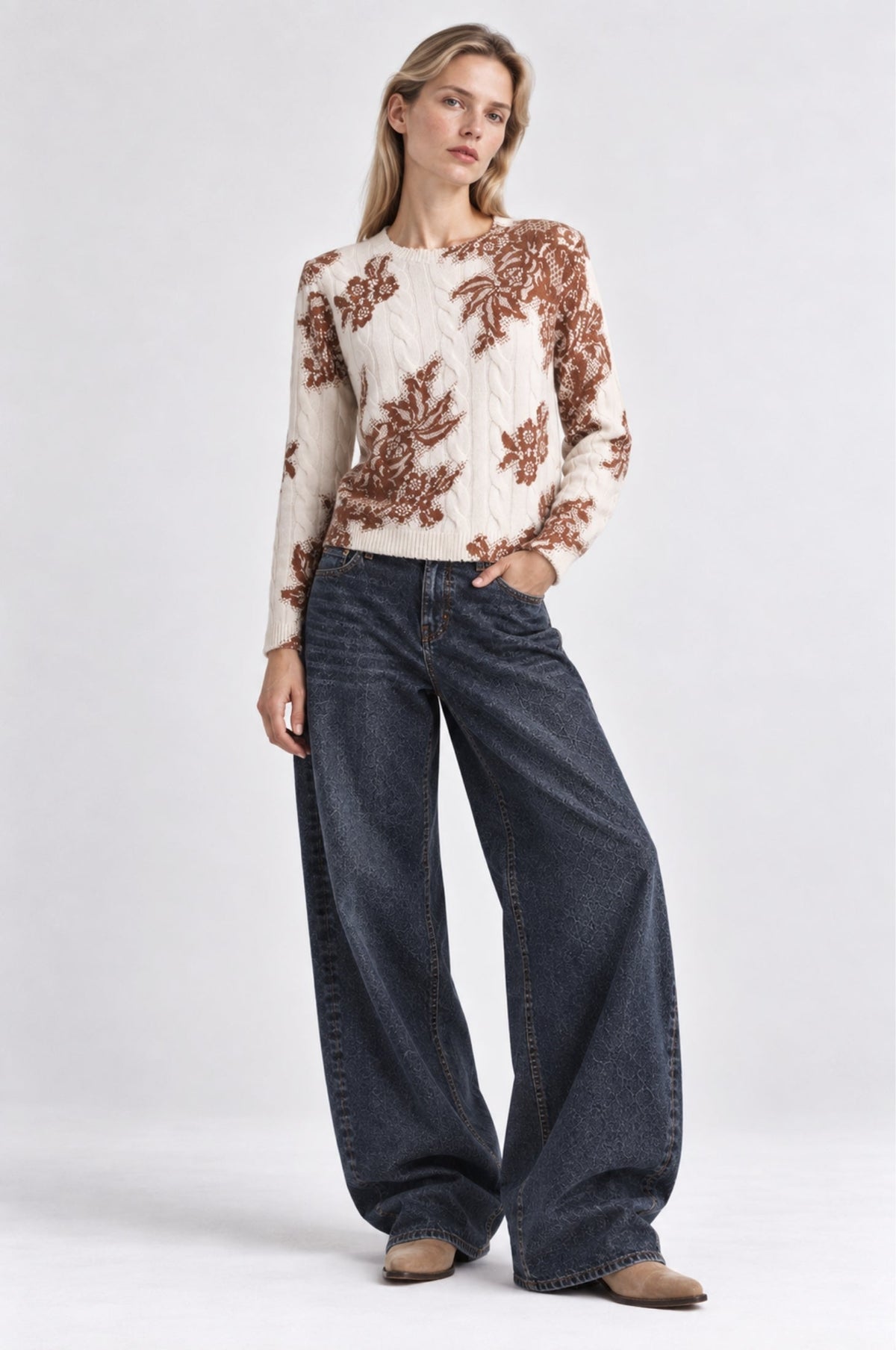 Minnie Rose Cashmere Printed Lace Cable Crew Neck in White