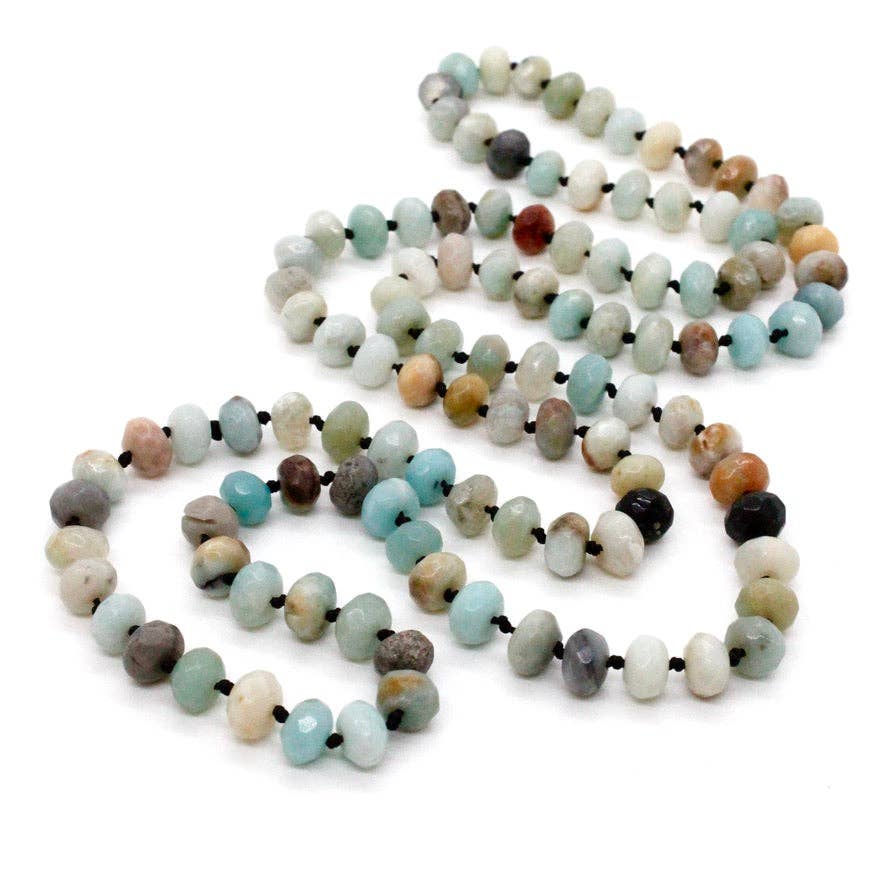Lizou Hand-Knotted Long Faceted Amazonite Rondelle Bead Necklace #40