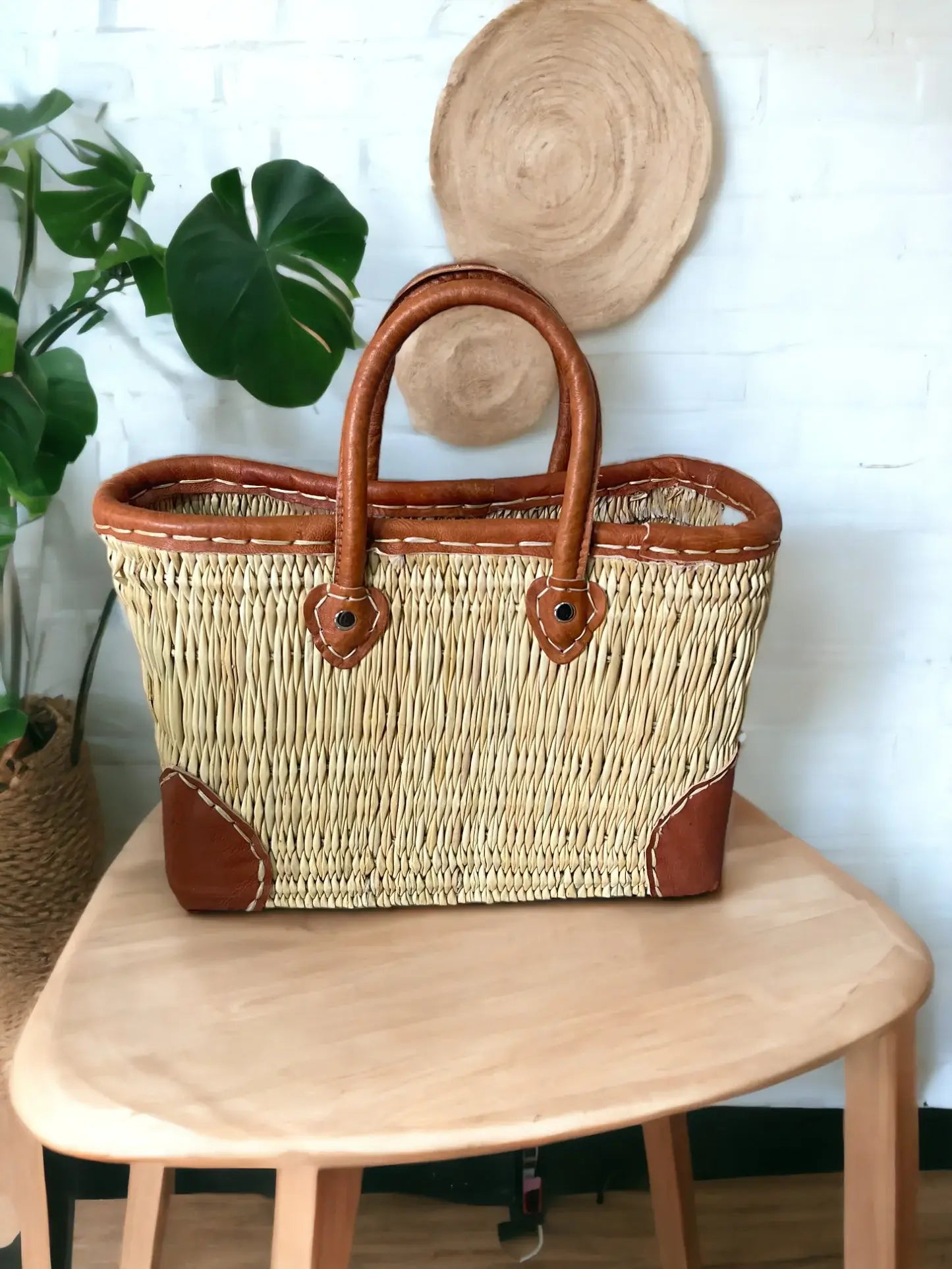 French Market Bags Reed Basket With Leather Handles