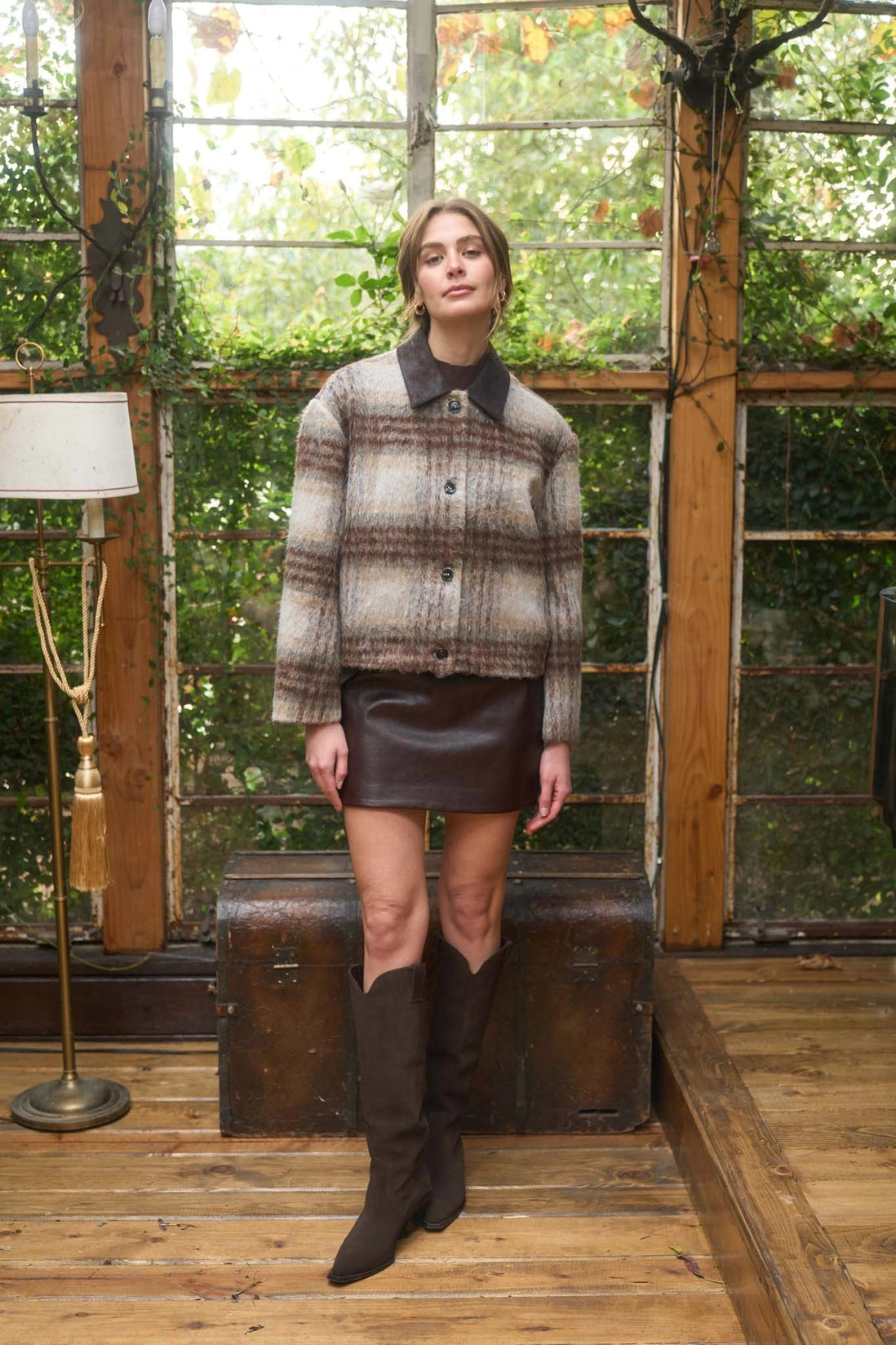Moon River Brushed Plaid Contrast Collar Jacket MS1095