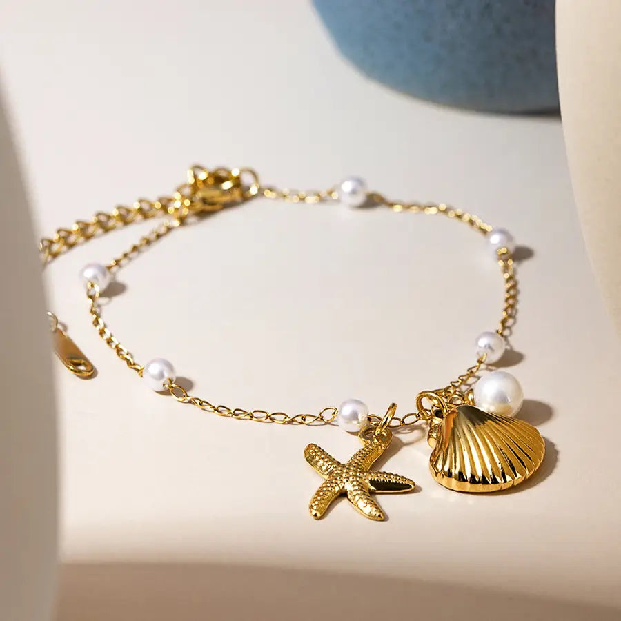 Flanerie Capella 18K Gold Seashell & Sea Star Pearl Bracelet