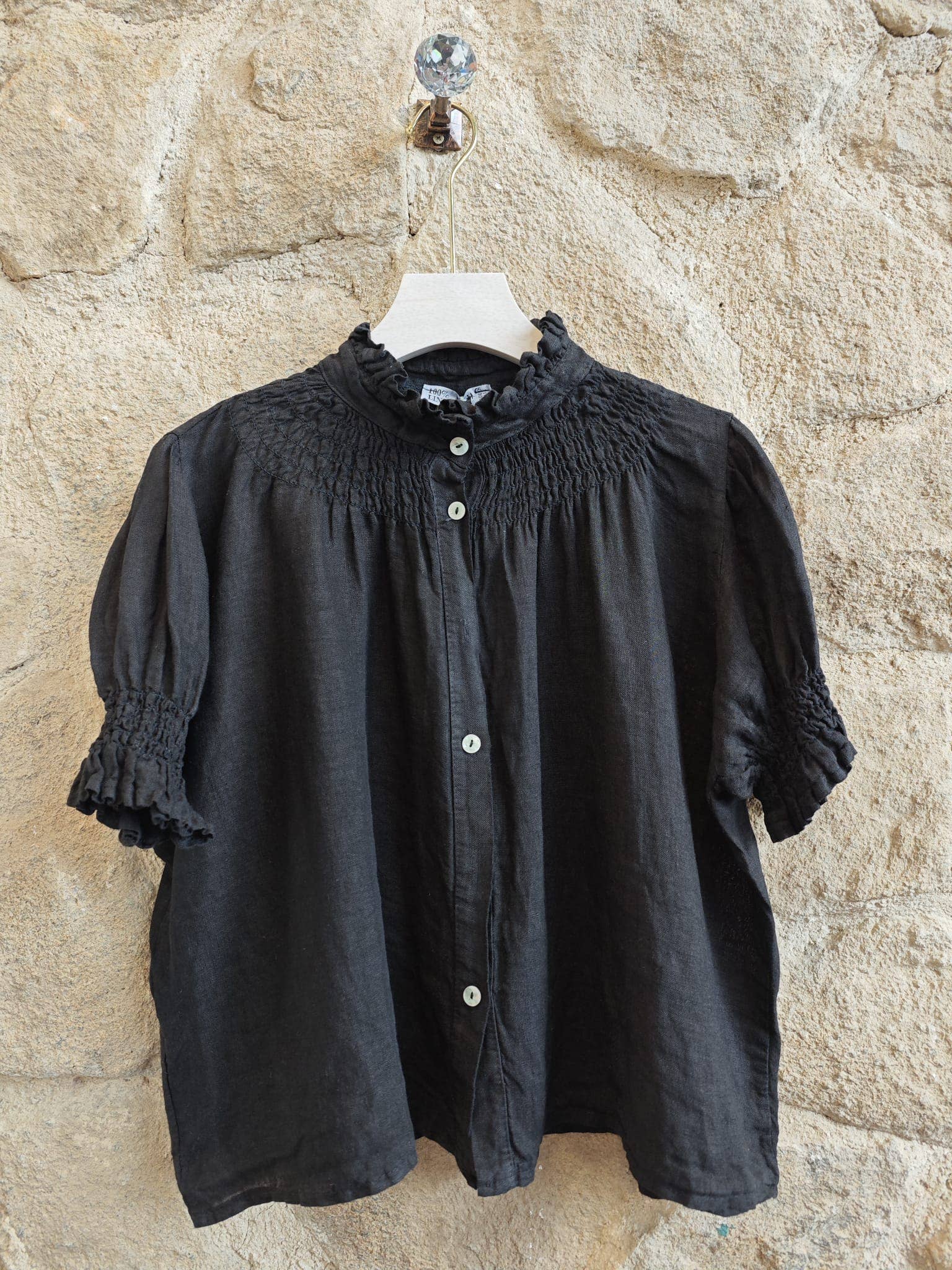 European Linen Ruffle Button up Blouse 12133