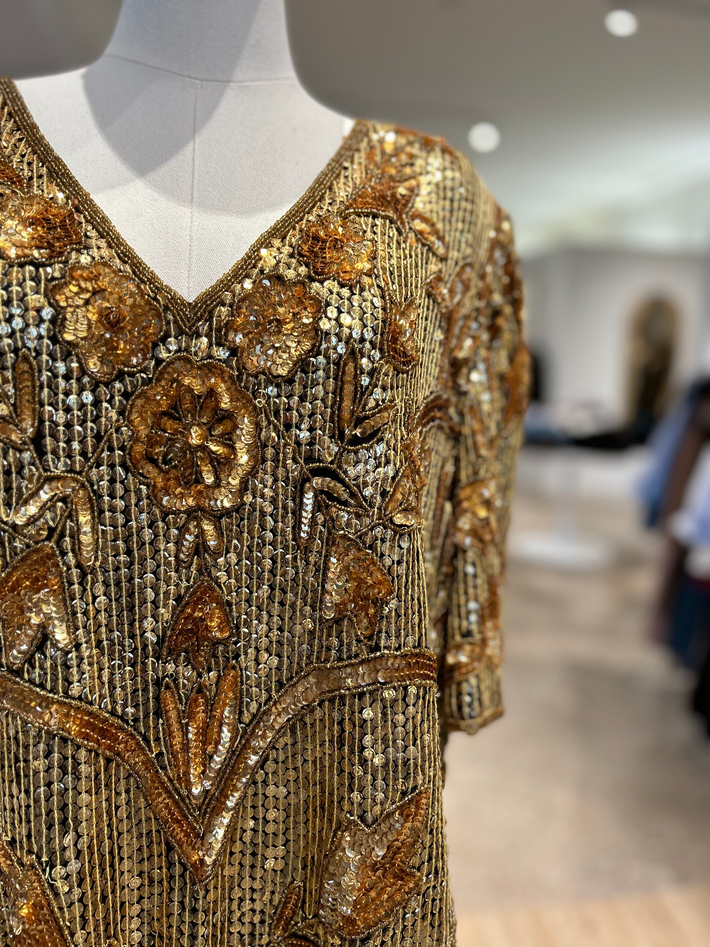 Paris Flea Market #63 Carina Gold Floral Sequin V-Neck Shirt