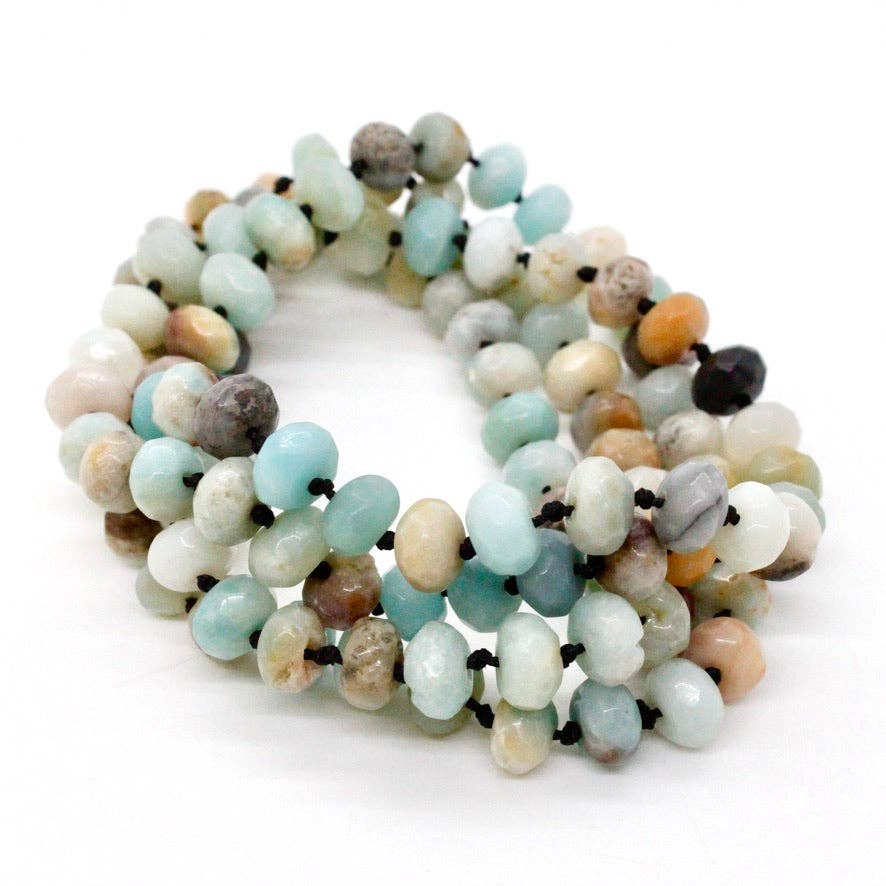 Lizou Hand-Knotted Long Faceted Amazonite Rondelle Bead Necklace #40