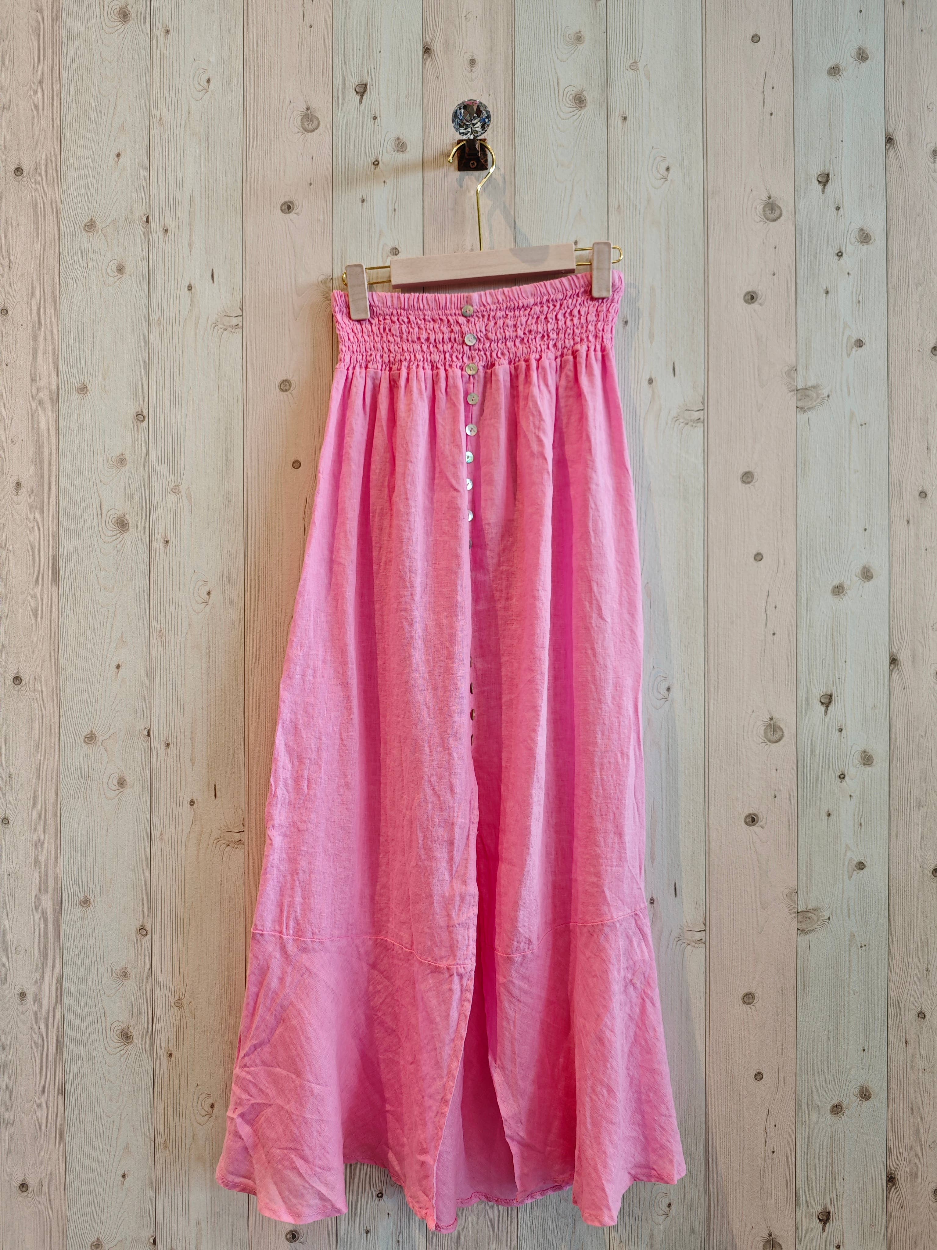 European Linen Skirt with Wide Elastic Waist and Buttons 9565