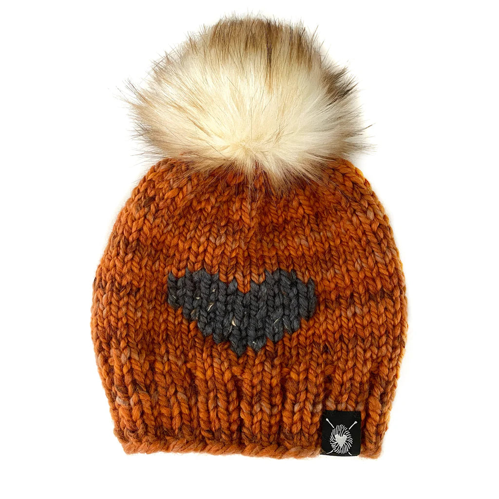 Nickichicki Big Heart Faux Fur Pom-Pom Beanie in Autumn Love