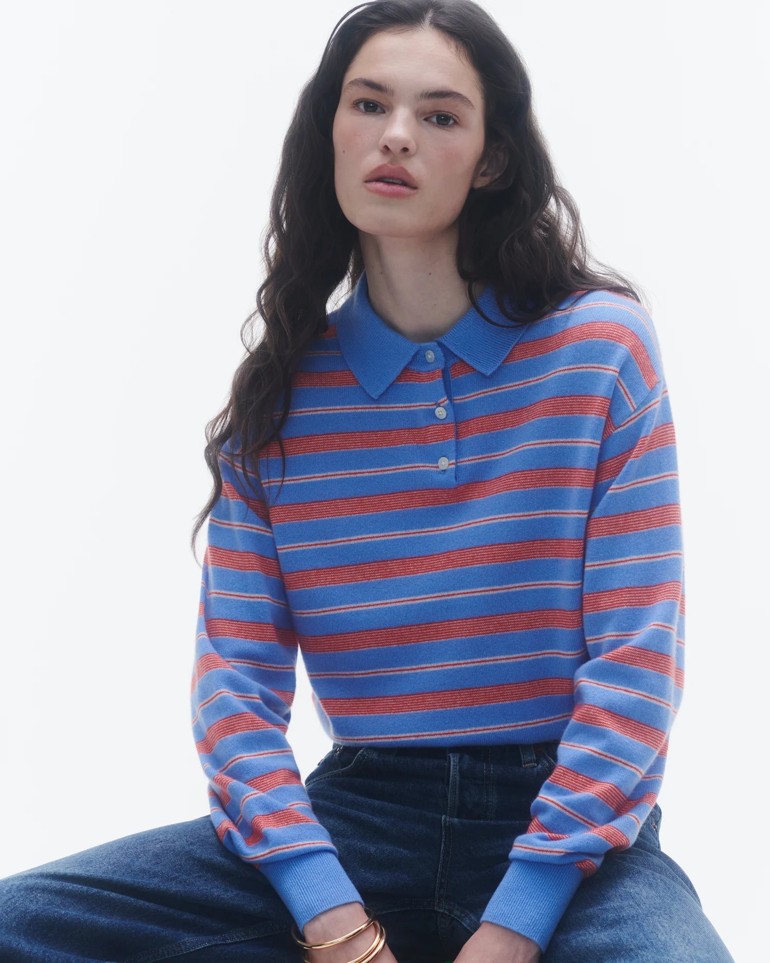 Guest in Residence Collegiate Stripe Cashmere Polo W28910JL