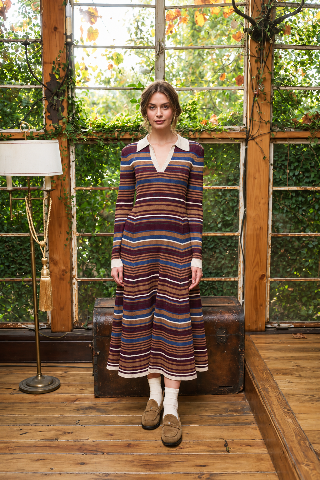 Moon River Multicolor Stripe Collared Long Sleeve Midi Dress MR14404