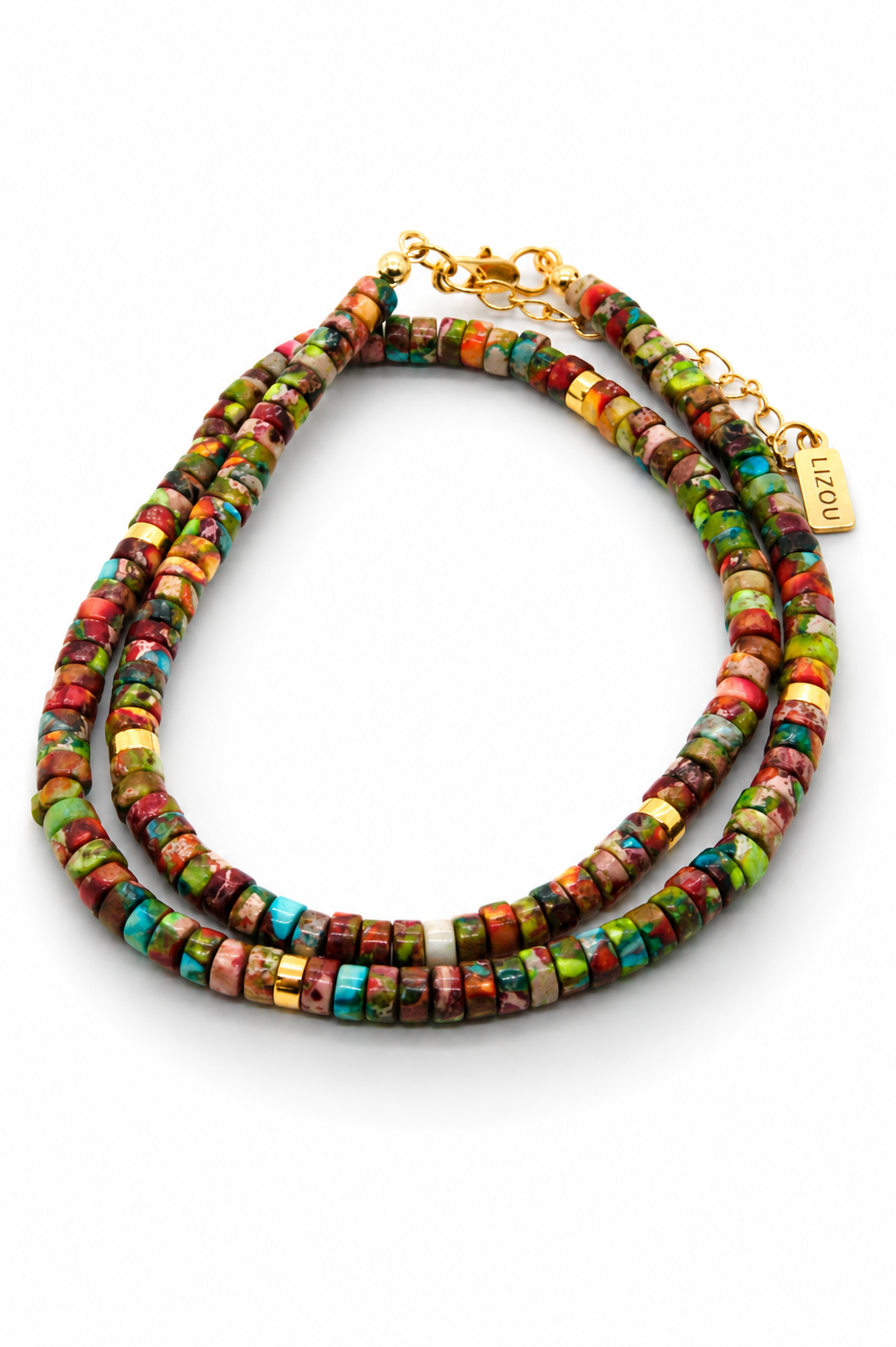 Lizou Natural Stone 16" Necklace with Gold/Turquoise Accents