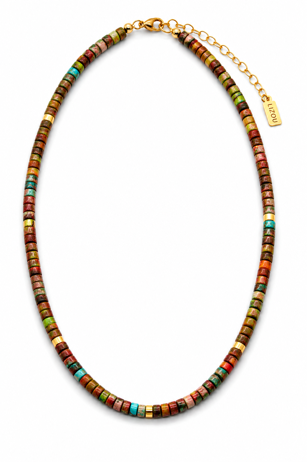 Lizou Natural Stone 16" Necklace with Gold/Turquoise Accents