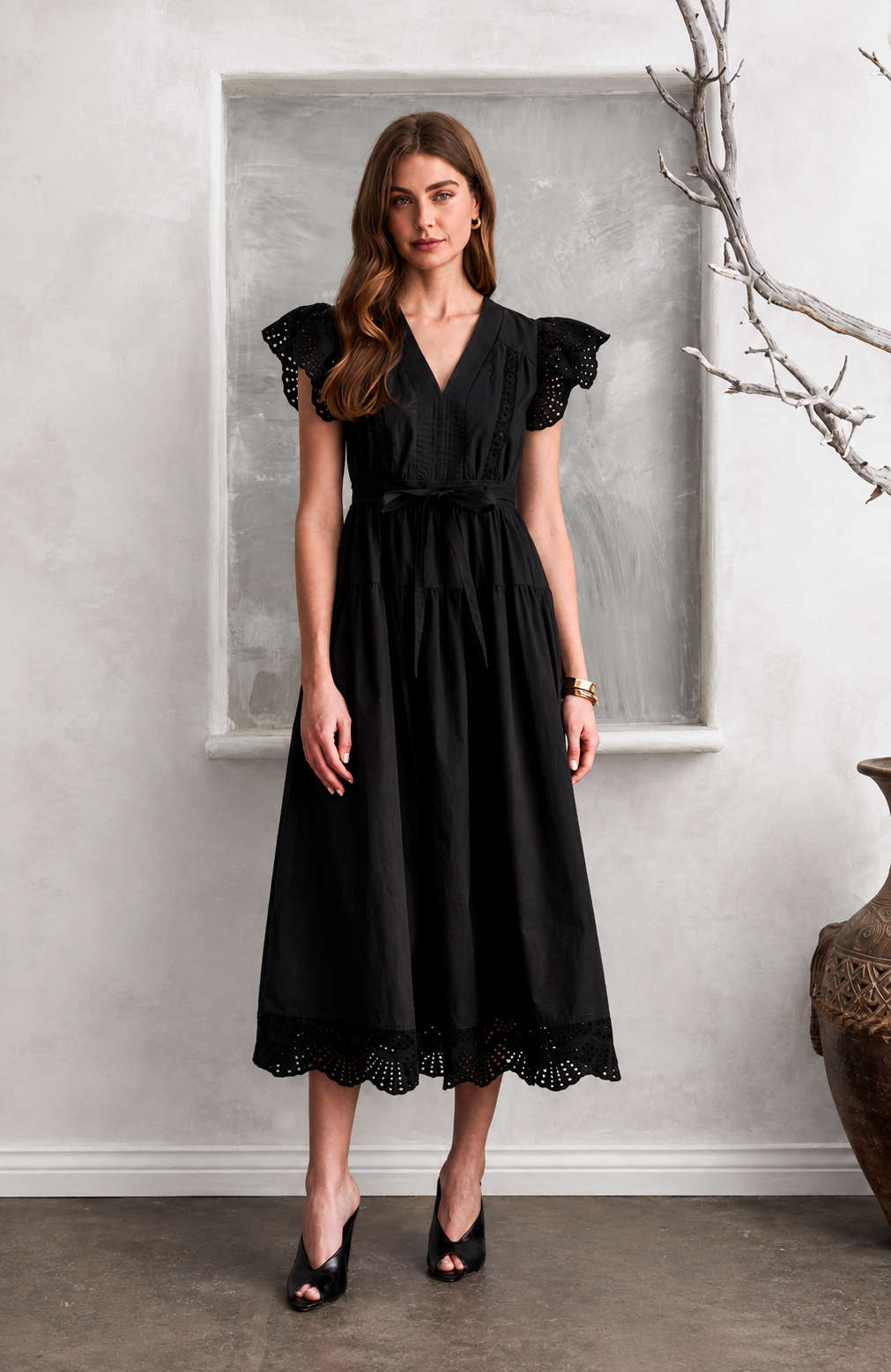 Moon River V-neck Short Ruffle Sleeve Lace Detail Midi Dress MR9909
