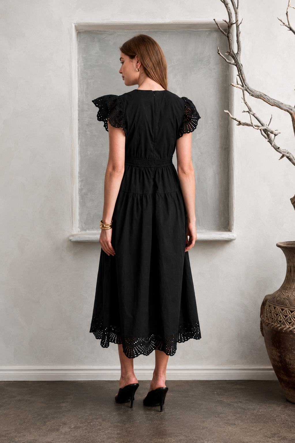 Moon River V-neck Short Ruffle Sleeve Lace Detail Midi Dress MR9909