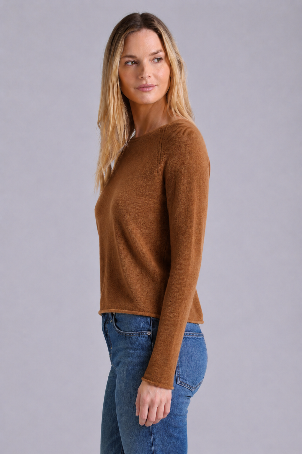 Minnie Rose Sheer Luxury Raglan Crew w/Rolled Trim