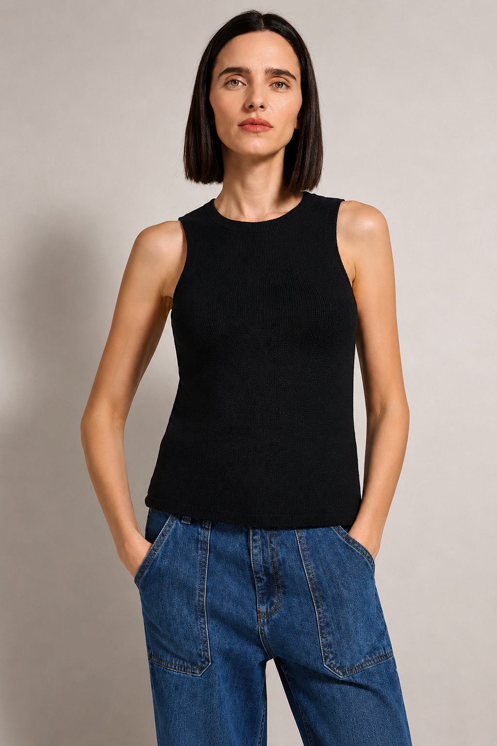 Minnie Rose Sheer Luxury Crew Neck Shell w/Rolled Edges