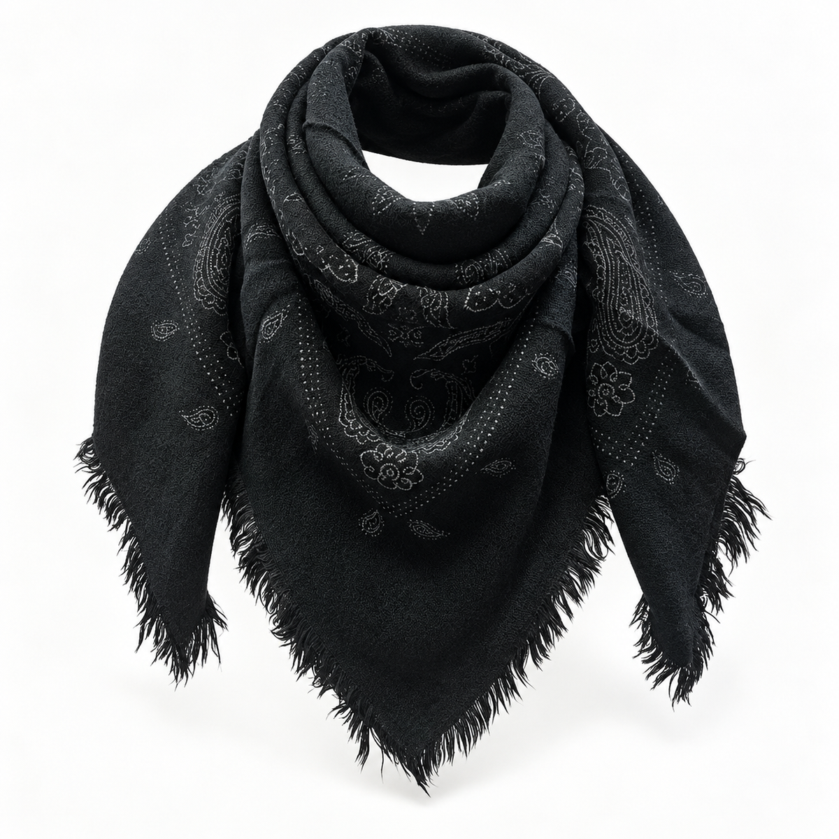 Catherine's Paisley Medium Square Viscose/Wool Fringe Scarf K24