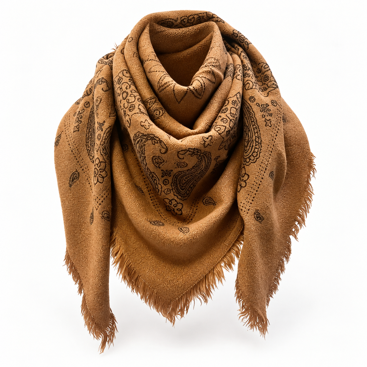 Catherine's Paisley Medium Square Viscose/Wool Fringe Scarf K24