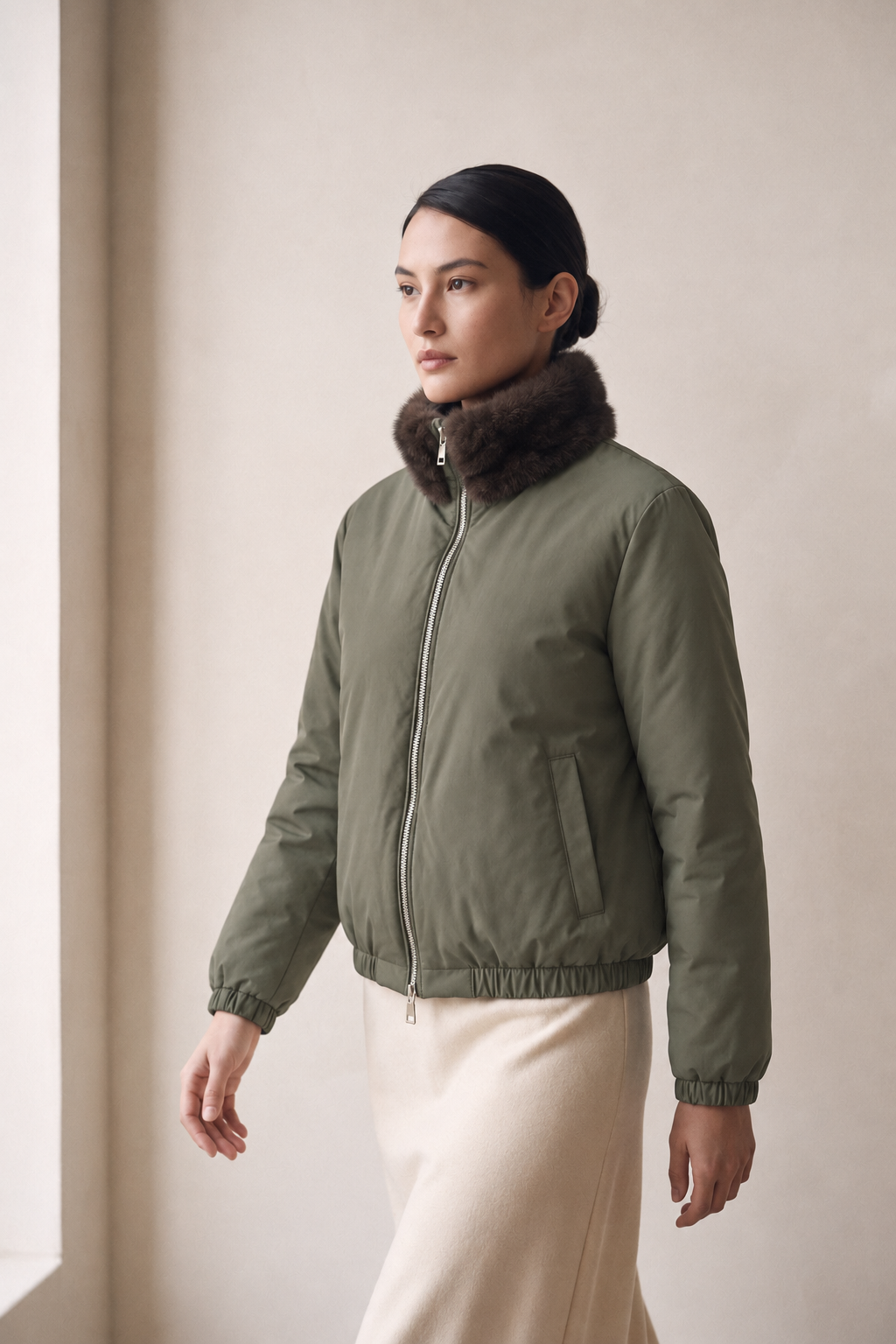 Frisson Reversible Faux Fur Bomber Jacket in Army Green