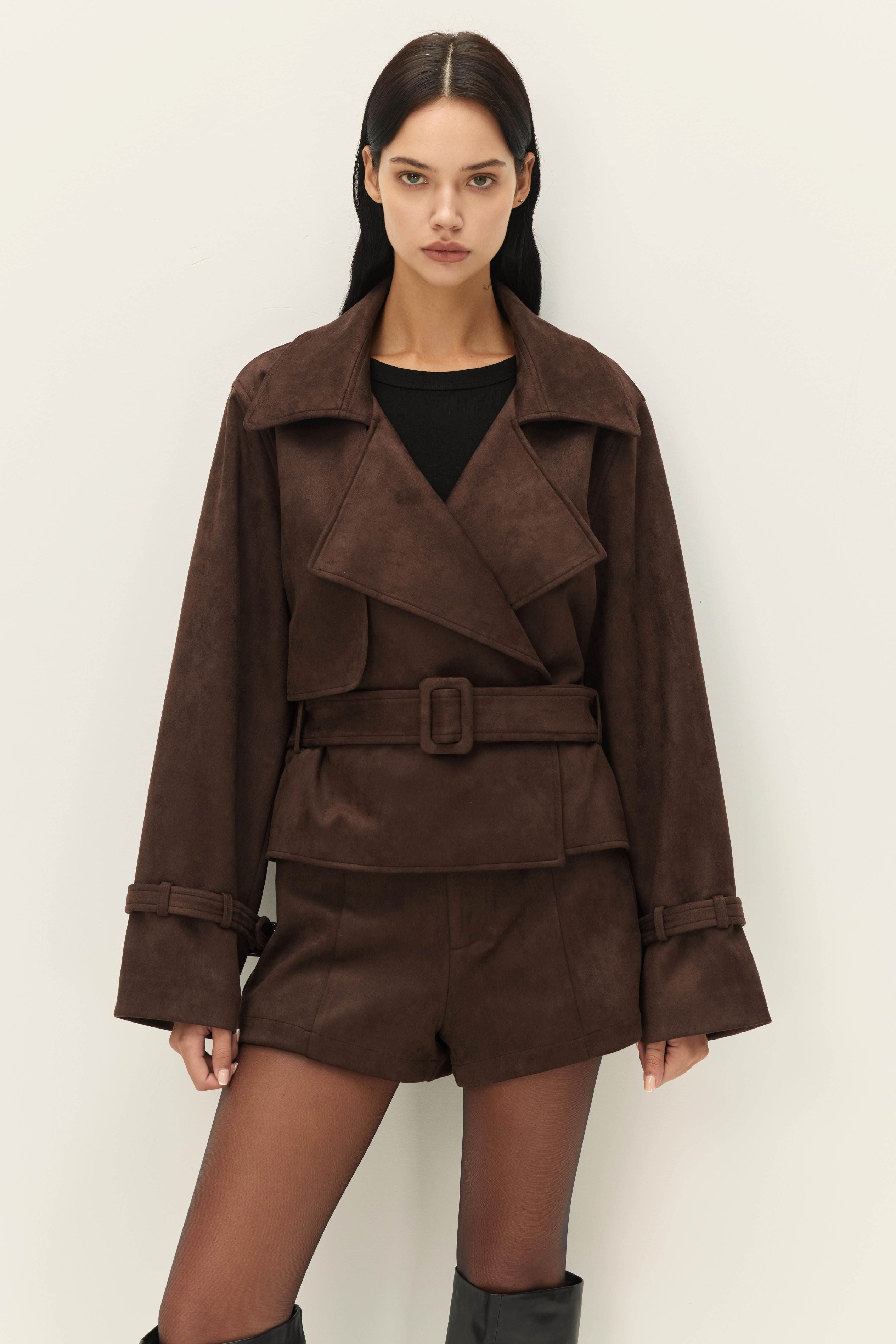 Elodie the Label Marais Faux Suede Cropped Trench Coat