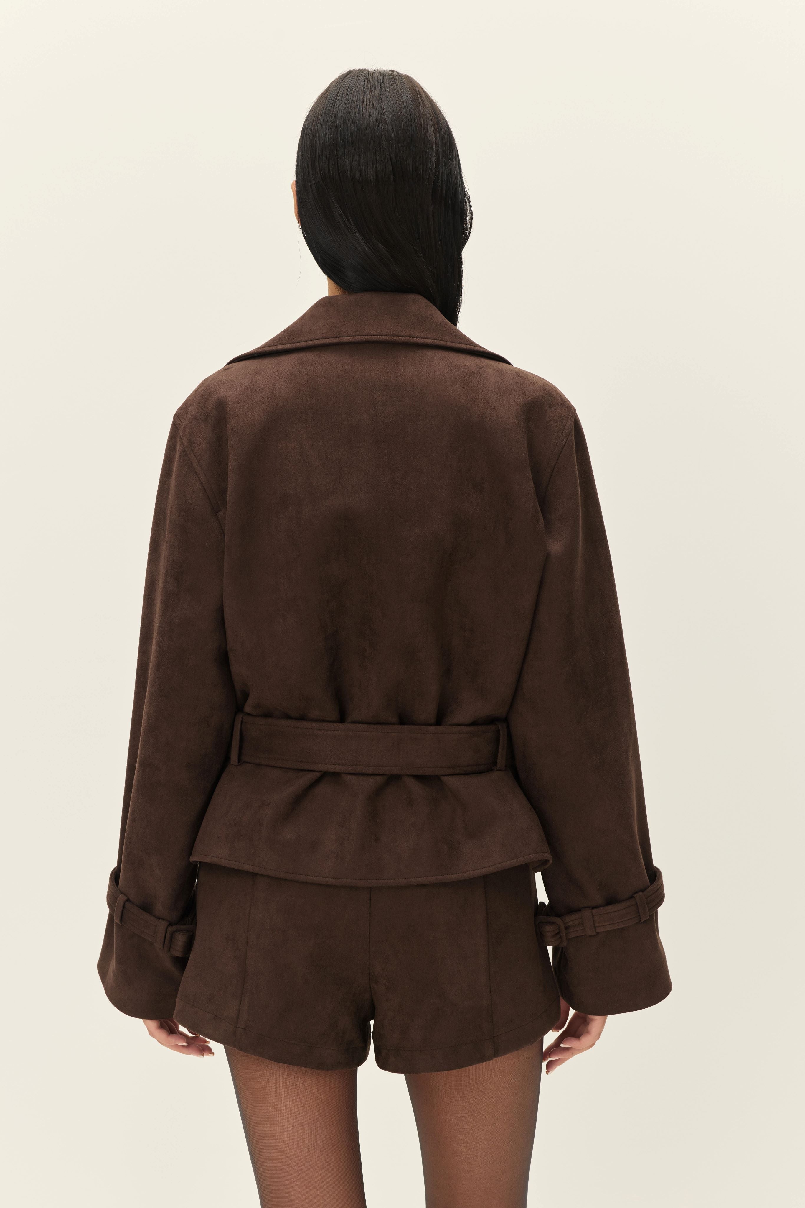Elodie the Label Marais Faux Suede Cropped Trench Coat