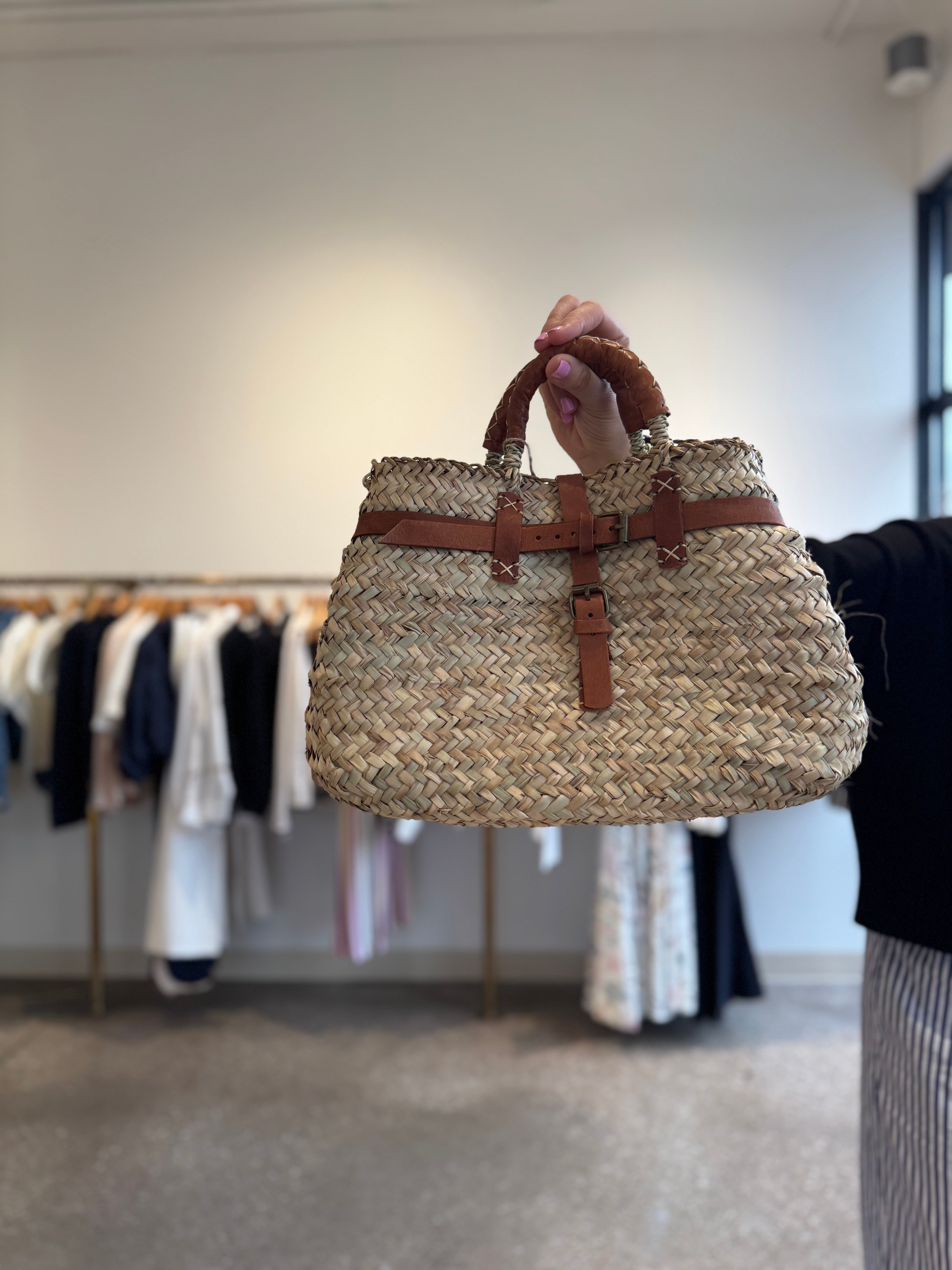French Market Bags Double Woven Straw Bag with Leather Buckle #17