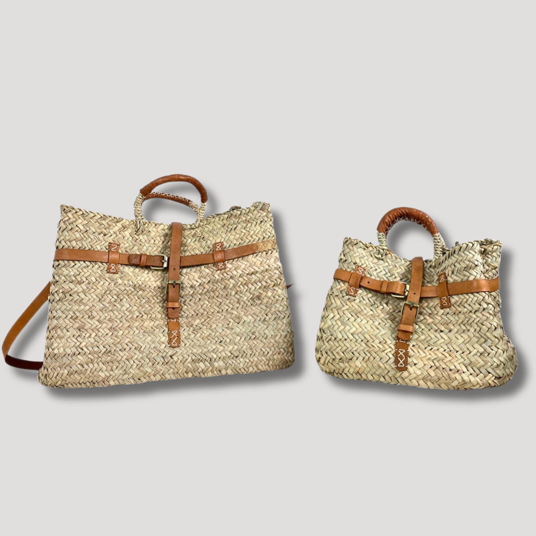 French Market Bags Double Woven Straw Bag with Leather Buckle #17