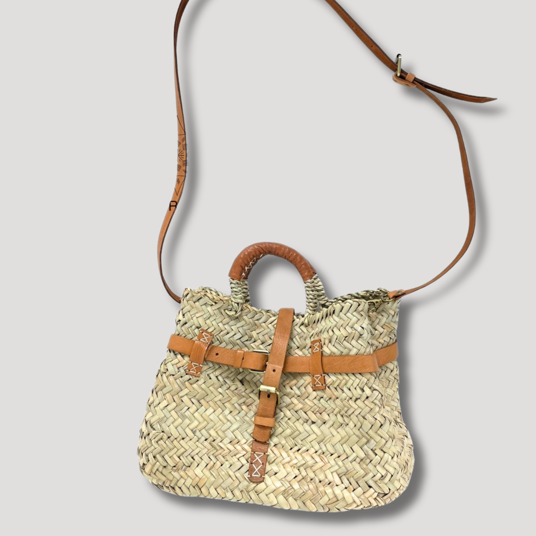 French Market Bags Double Woven Straw Bag with Leather Buckle #17