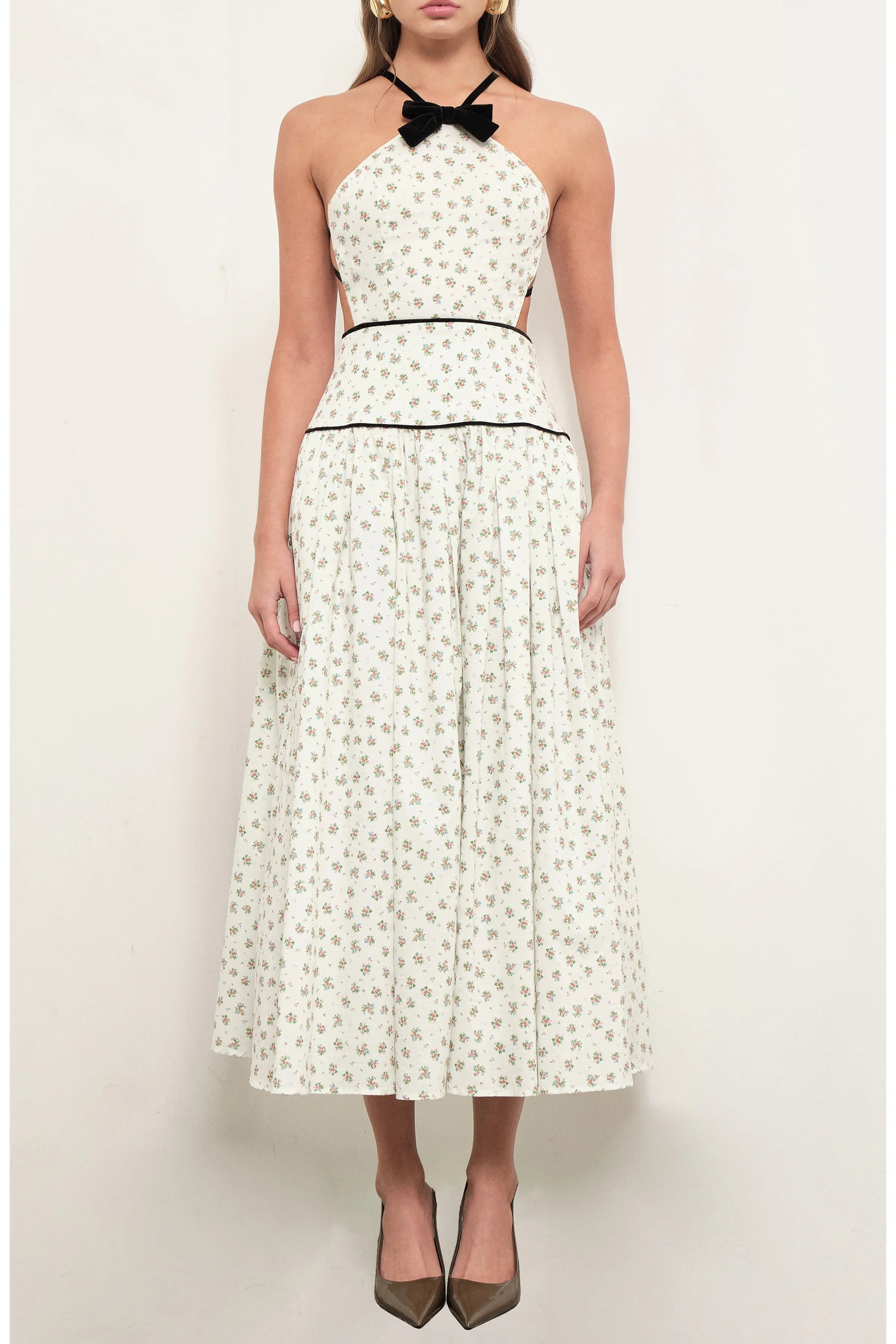 Maude Club Harlow Cotton Sprigged Floral Backless Halter Dress w/ Bow MC790D